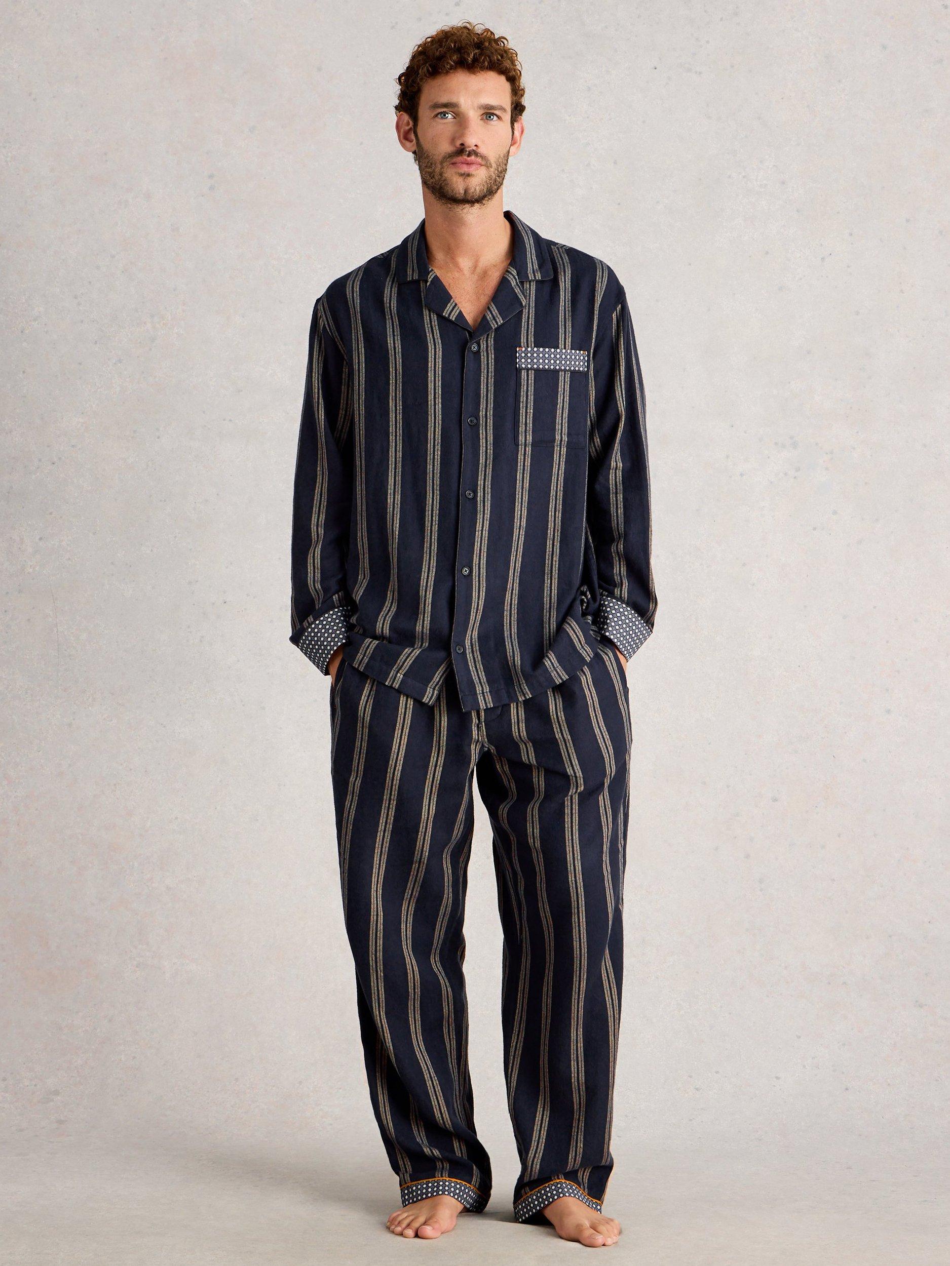 Product image 1 of 6, which shows White Stuff Moorland Stripe Cotton Pyjama Bottoms, Navy/Multi, S