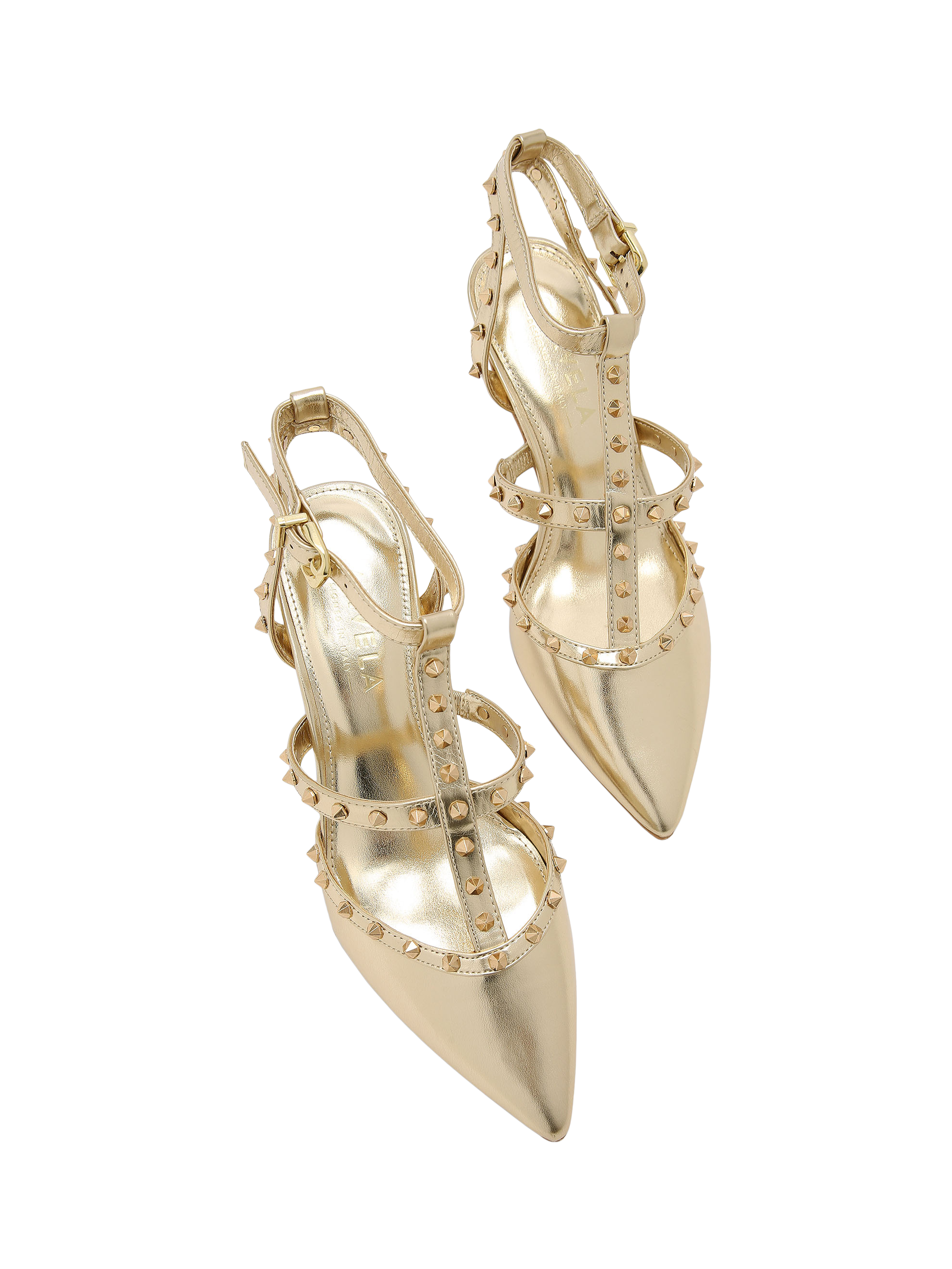 Product image 2 of 4, which shows Carvela Samba Stiletto Heel Stud Detail Court Shoes, Gold, 3