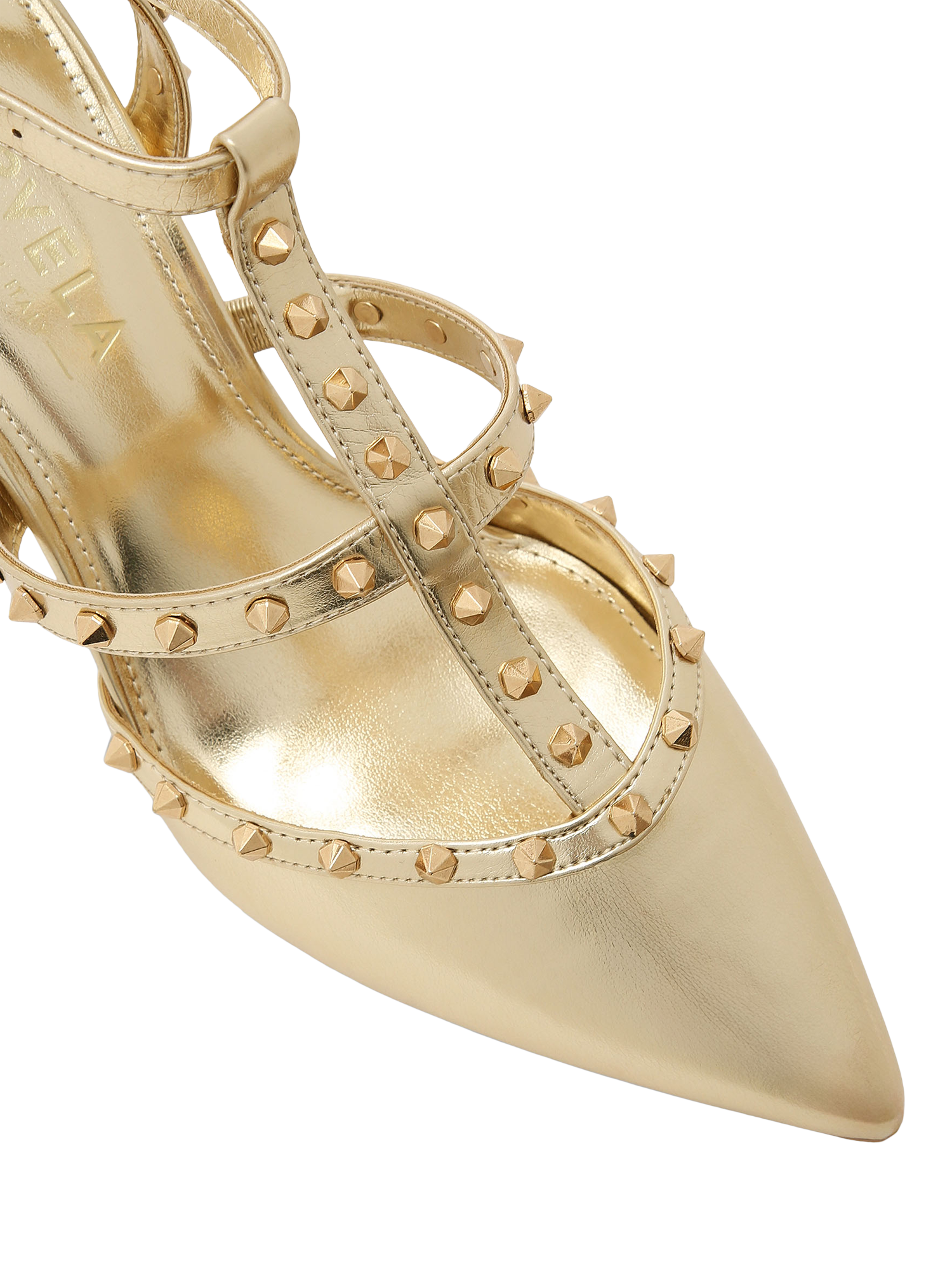 Product image 4 of 4, which shows Carvela Samba Stiletto Heel Stud Detail Court Shoes, Gold, 3