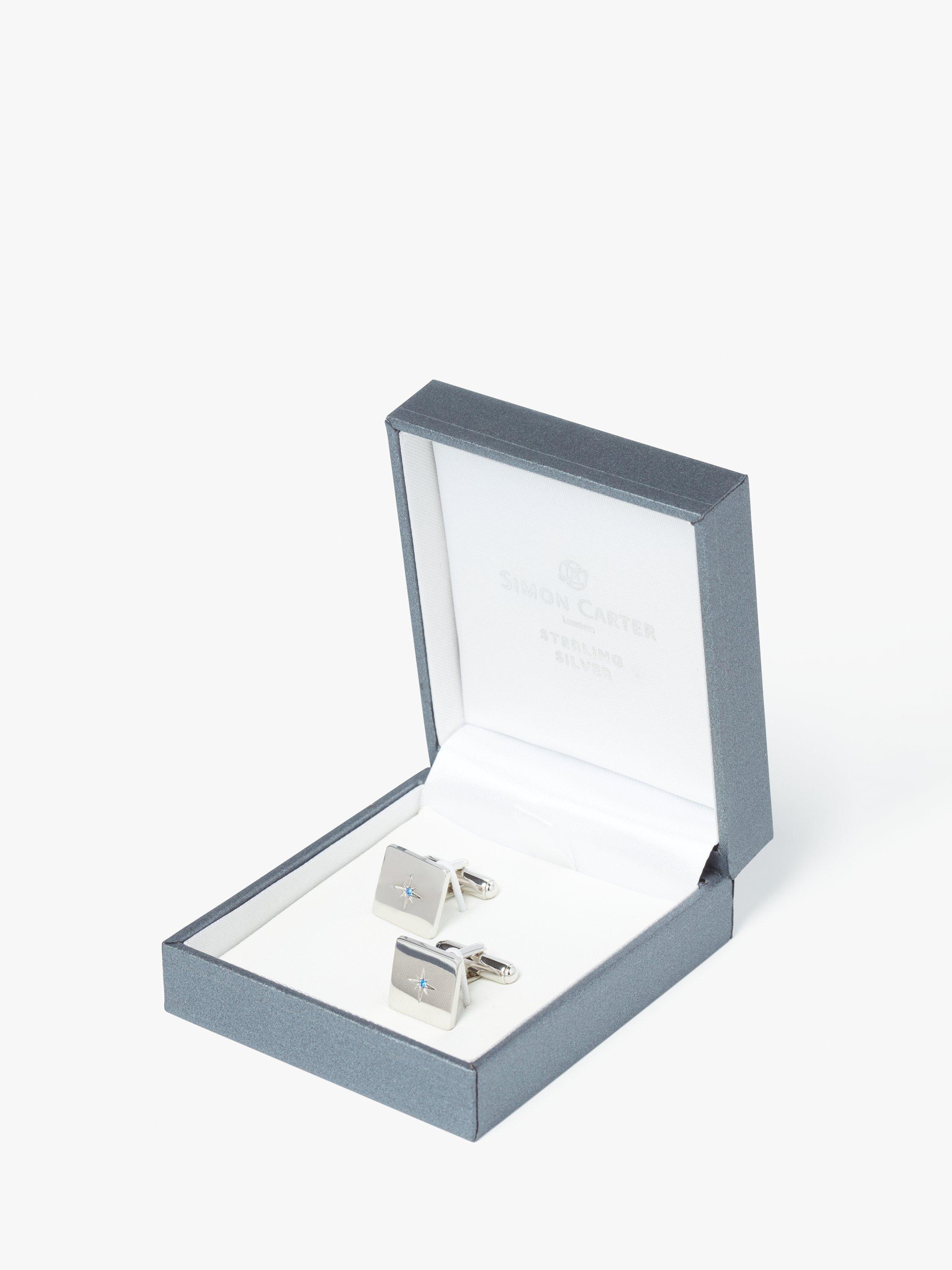 Product image 3 of 5, which shows Simon Carter Swarovski Crystal Star Sterling Silver Square Cufflinks, Silver/Blue