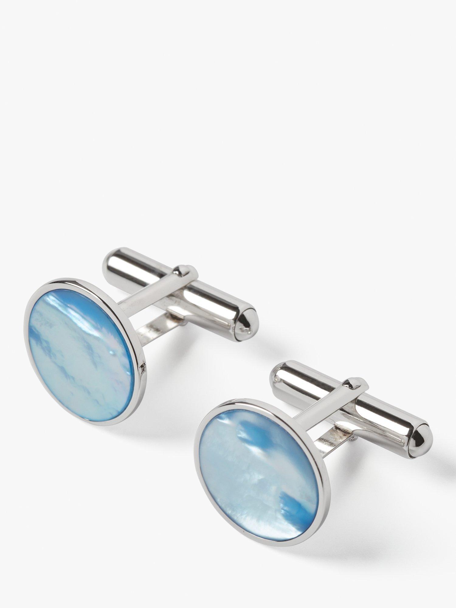 Product image 1 of 5, which shows Simon Carter Mother of Pearl Sterling Silver Round Cufflinks, Light Blue