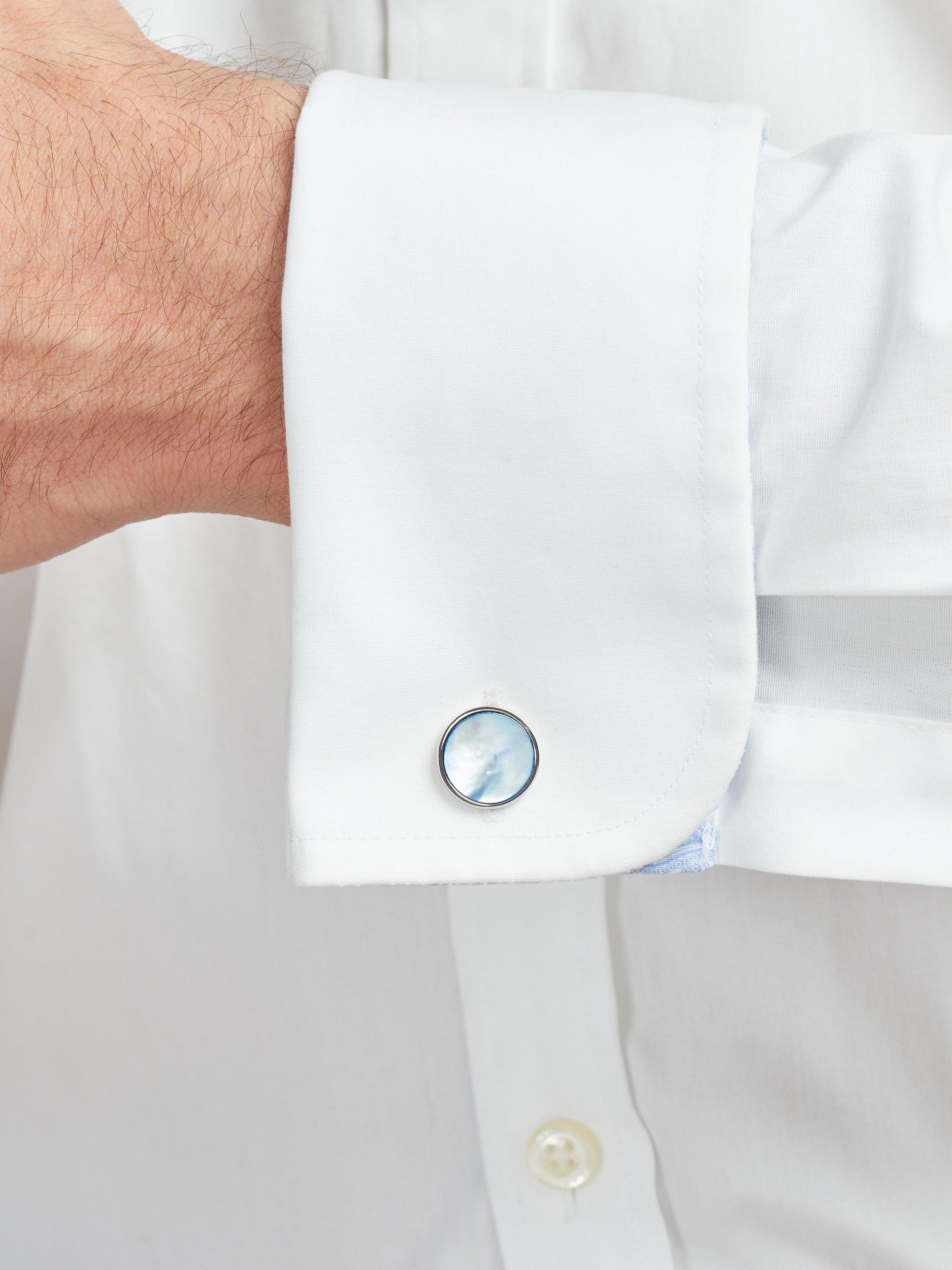 Product image 2 of 5, which shows Simon Carter Mother of Pearl Sterling Silver Round Cufflinks, Light Blue