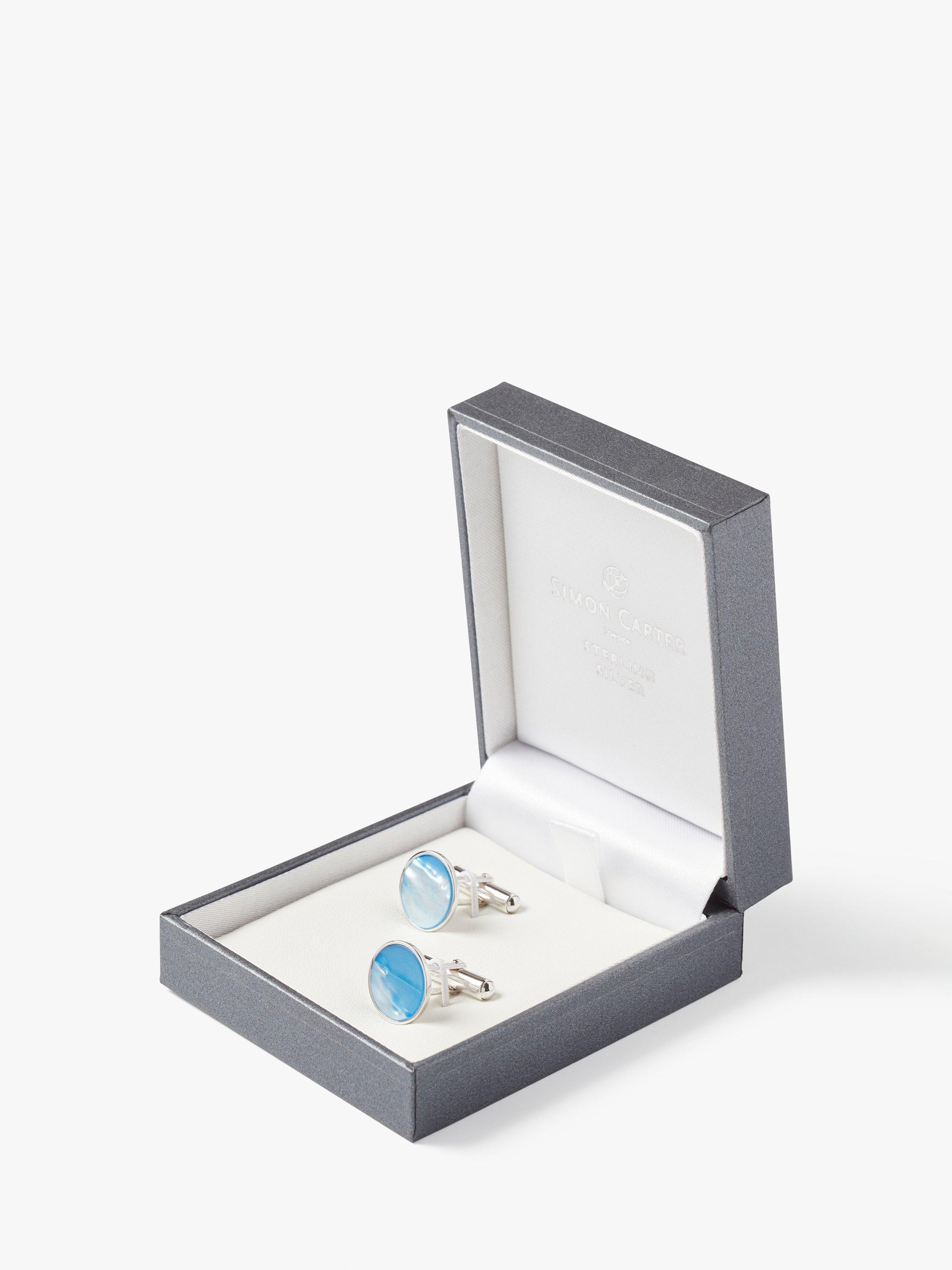 Product image 3 of 5, which shows Simon Carter Mother of Pearl Sterling Silver Round Cufflinks, Light Blue