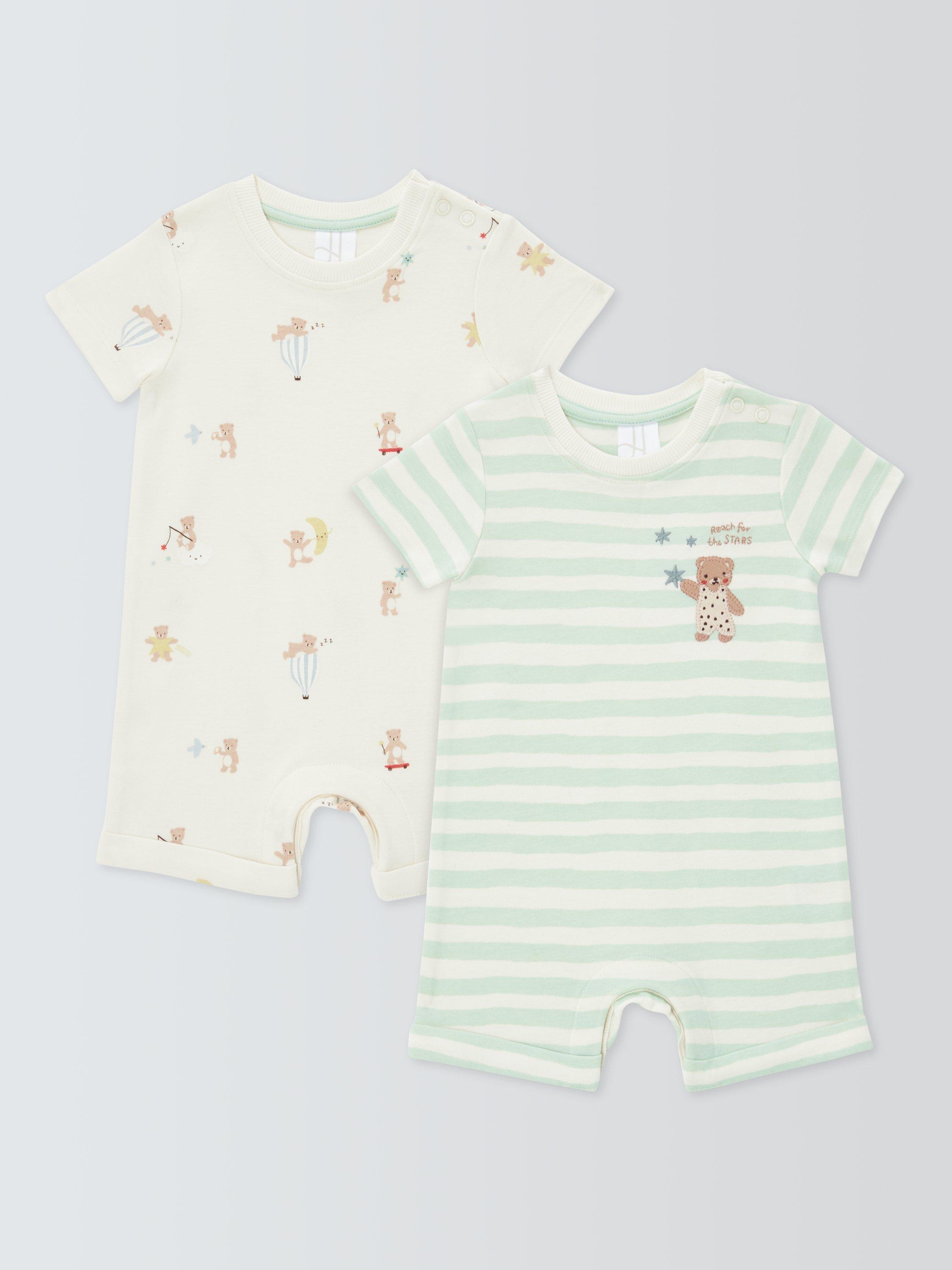 Product image 1 of 3, which shows John Lewis Baby Teddy Rompers, Pack of 2, Multi, Newborn