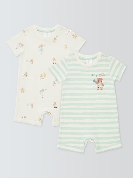 John Lewis Baby Teddy Rompers, Pack of 2, Multi, Multi