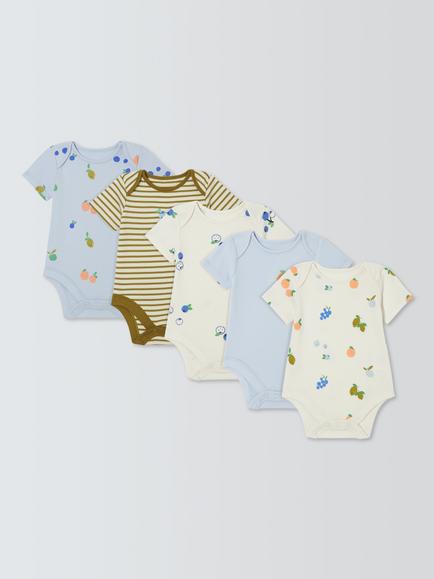 John Lewis Baby Fruit Short Sleeve Bodysuits, Pack of 5, Blue, Blue