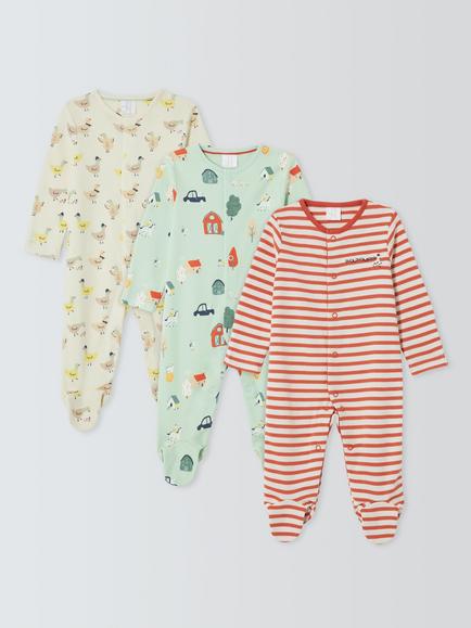 John Lewis Baby Farm Friends Sleepsuits, Pack of 3, Multi, Multi