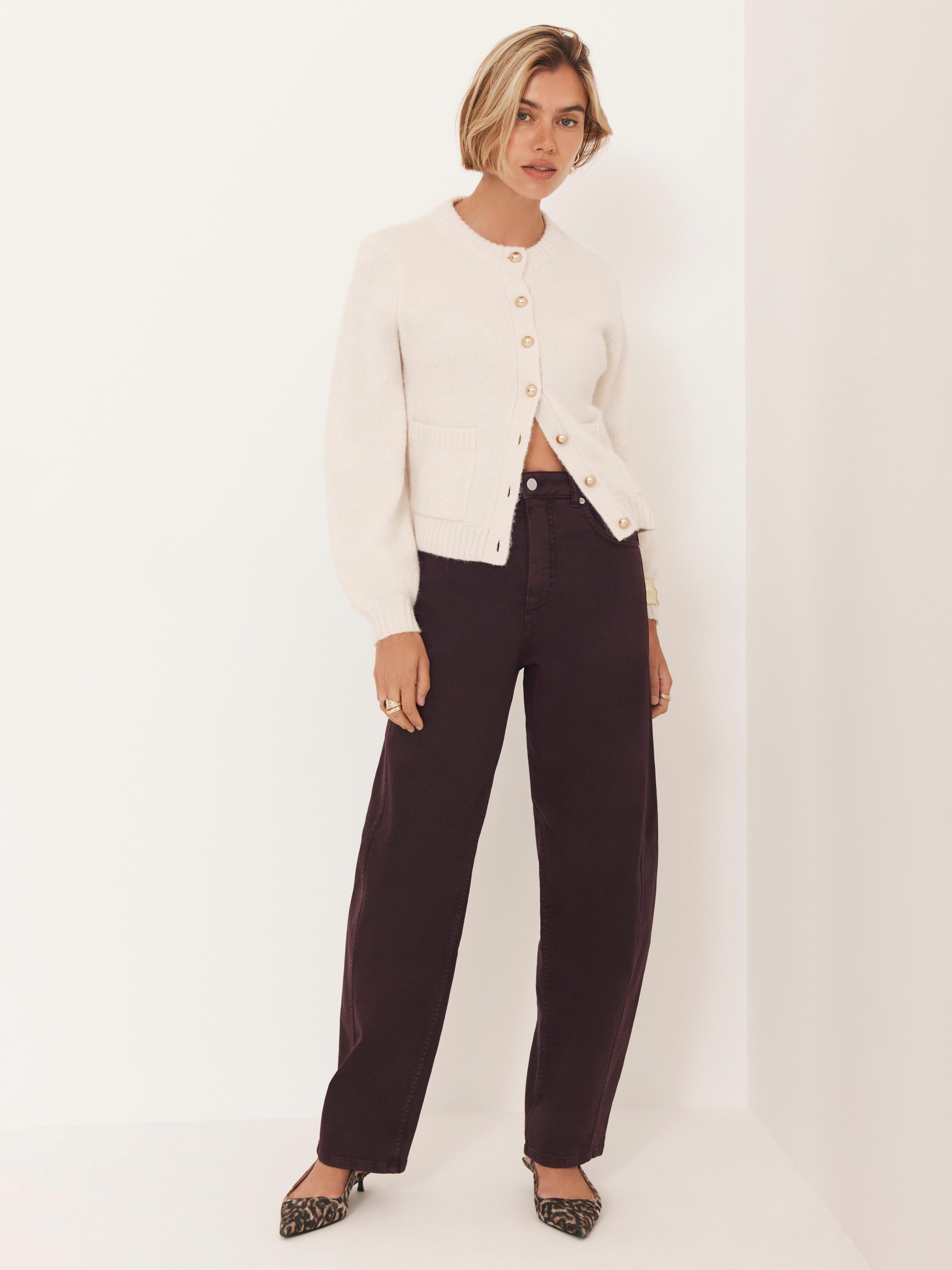 Product image 4 of 8, which shows Mint Velvet Ribbed Trim Crew Neck Cardigan, Cream, L