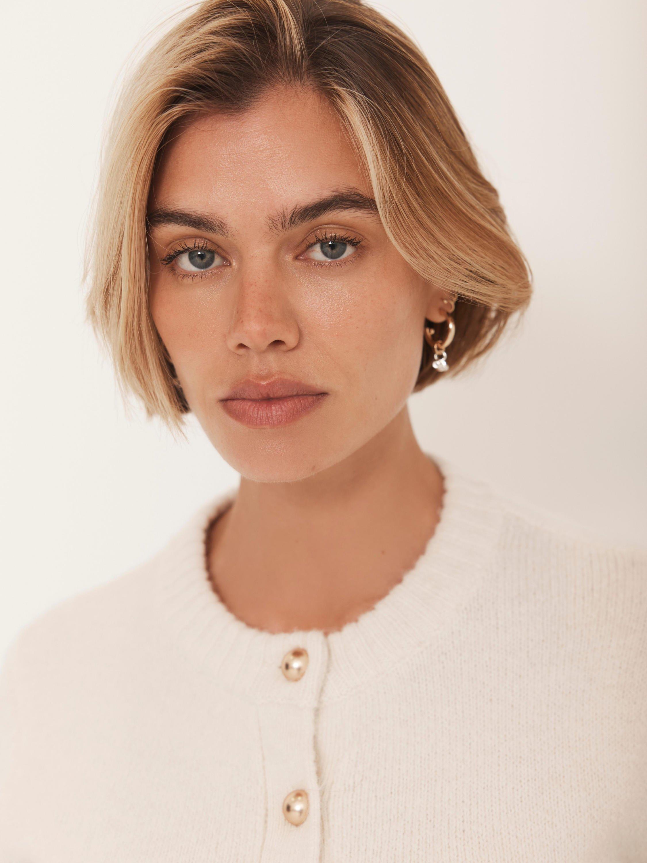 Product image 6 of 8, which shows Mint Velvet Ribbed Trim Crew Neck Cardigan, Cream, L