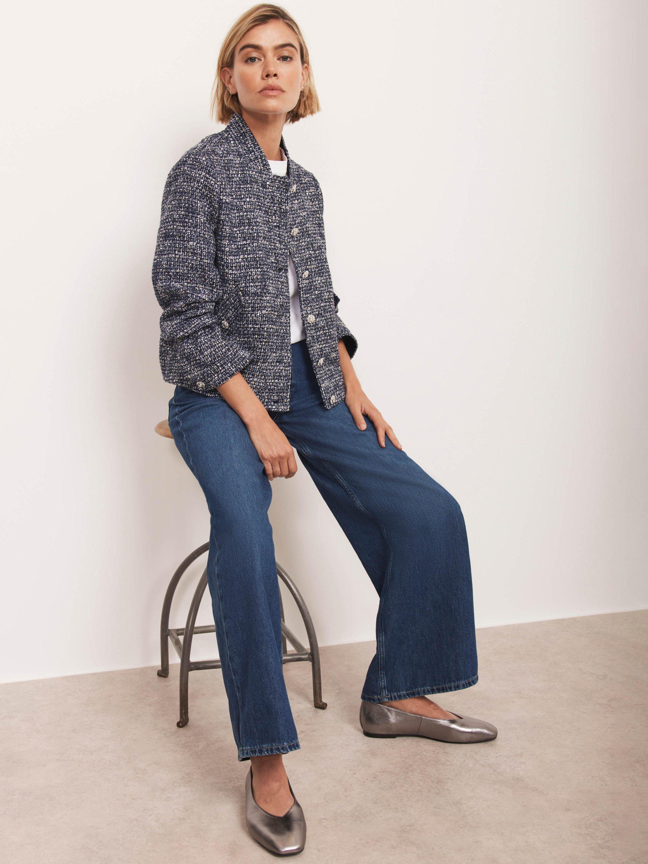 Product image 2 of 8, which shows Mint Velvet Crystal Button Boucle Jacket, Navy/Multi, XS