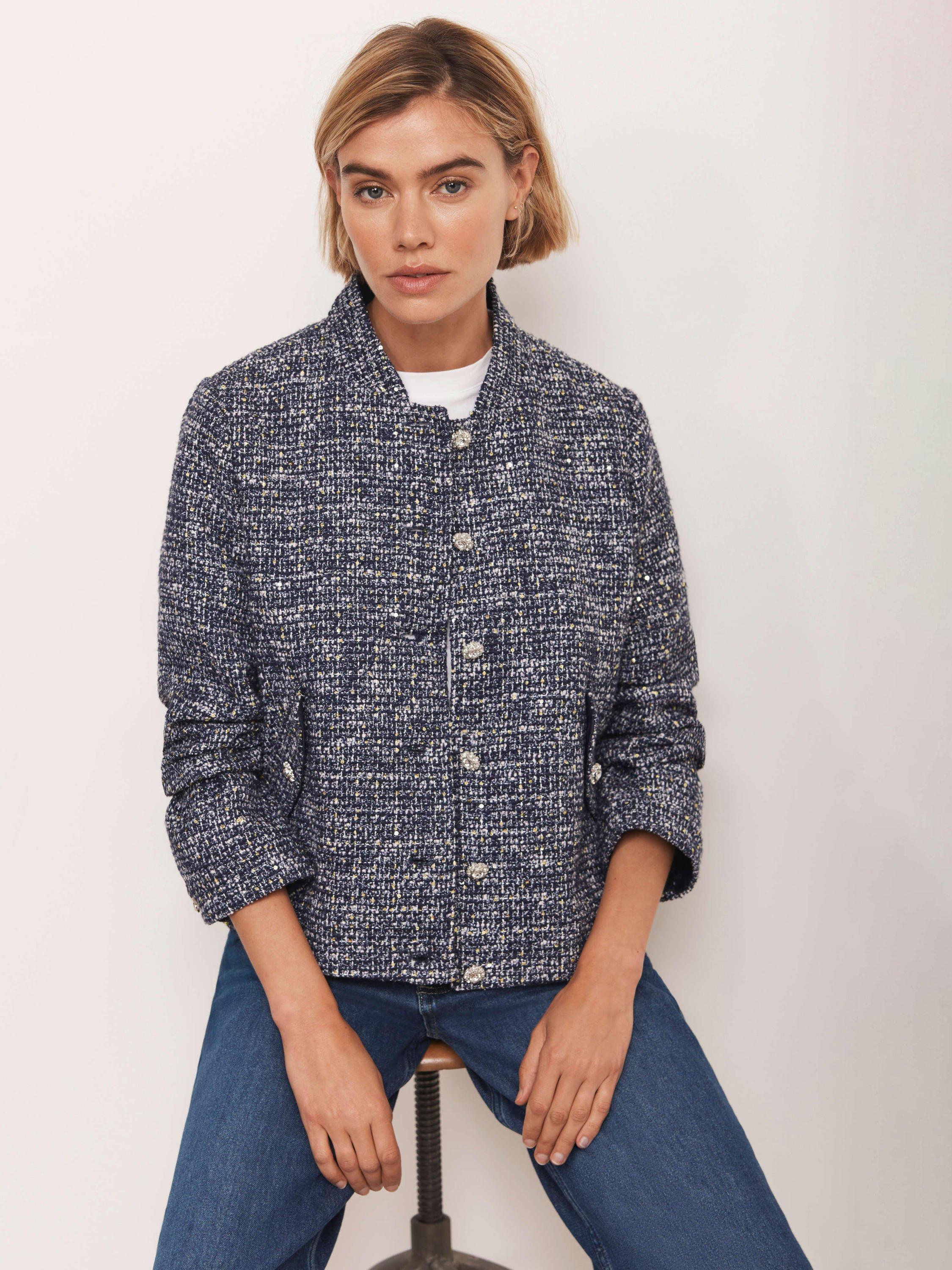 Product image 3 of 8, which shows Mint Velvet Crystal Button Boucle Jacket, Navy/Multi, XS