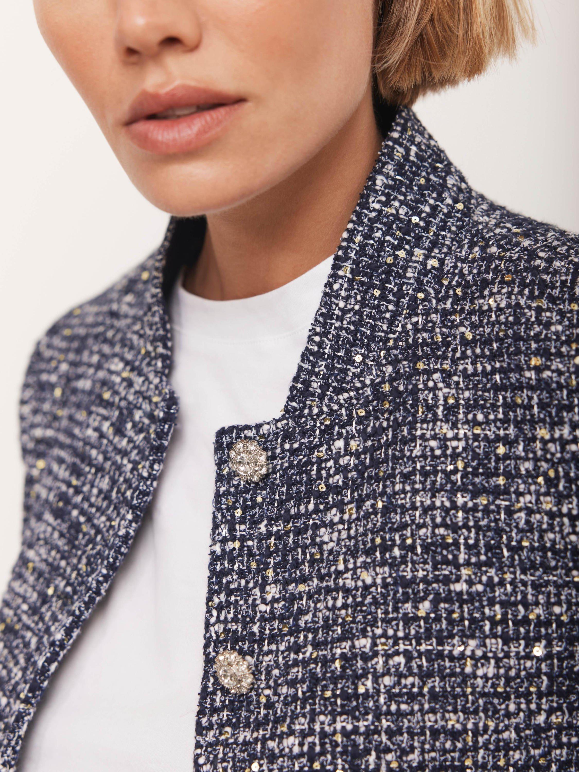 Product image 4 of 8, which shows Mint Velvet Crystal Button Boucle Jacket, Navy/Multi, XS