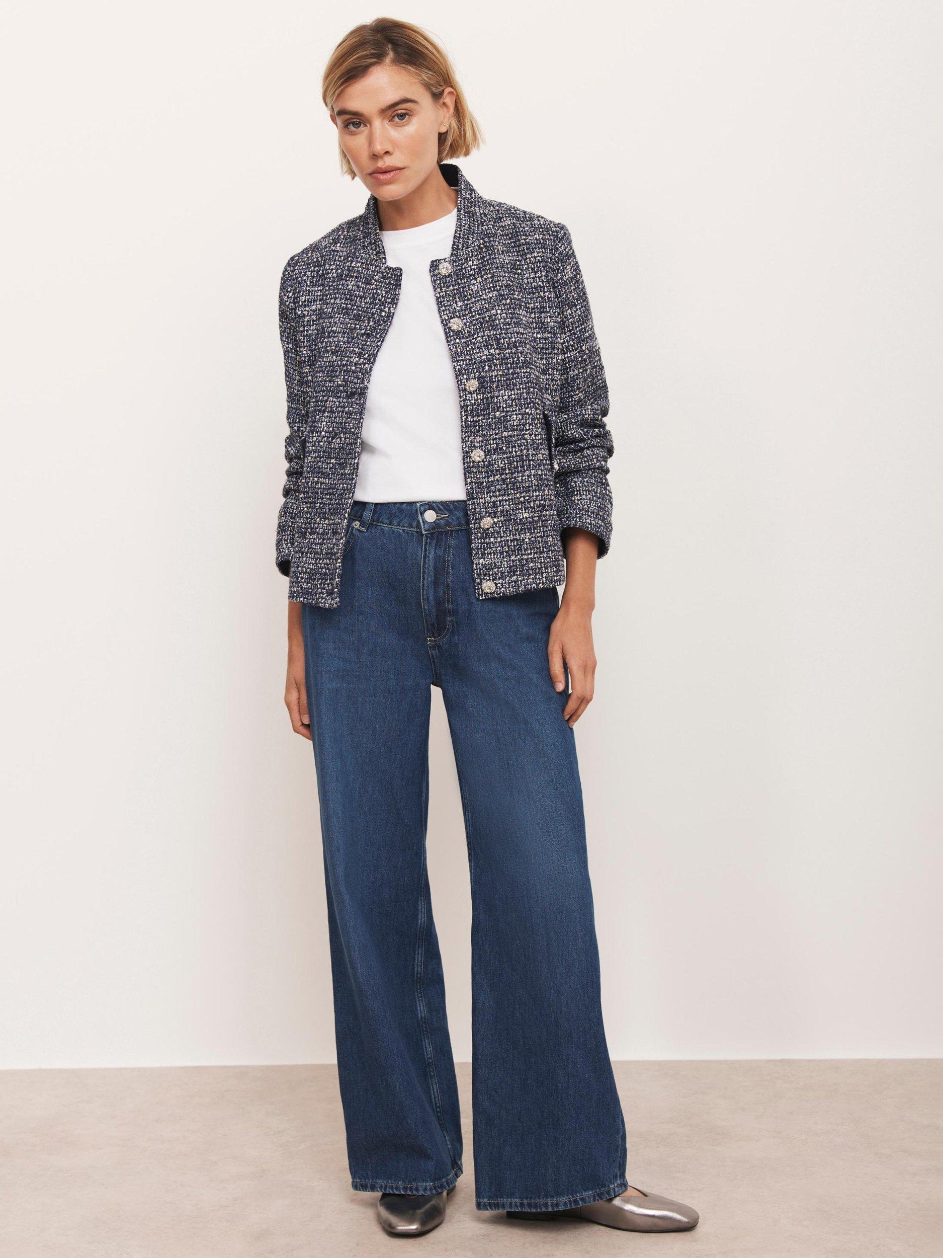 Product image 5 of 8, which shows Mint Velvet Crystal Button Boucle Jacket, Navy/Multi, XS