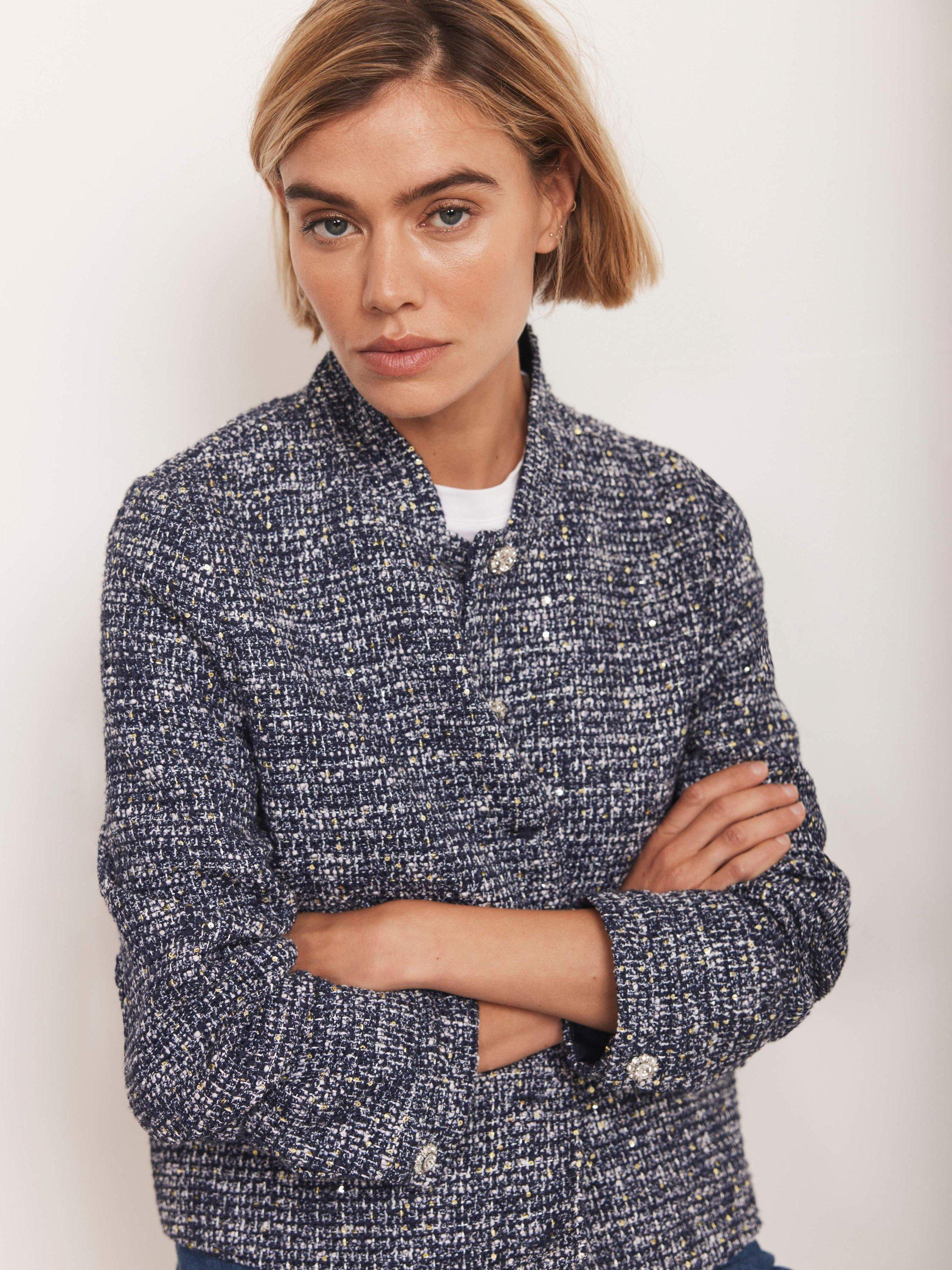 Product image 6 of 8, which shows Mint Velvet Crystal Button Boucle Jacket, Navy/Multi, XS