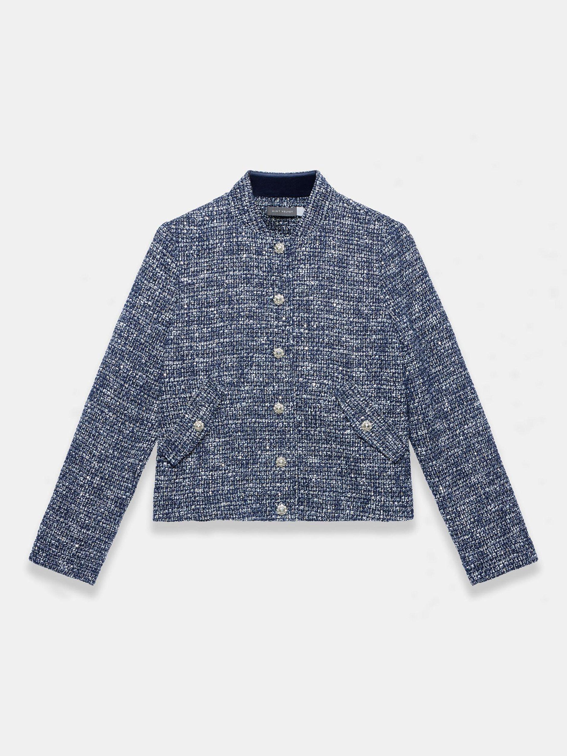 Product image 7 of 8, which shows Mint Velvet Crystal Button Boucle Jacket, Navy/Multi, XS