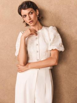 Mint Velvet Jacquard Puff Sleeve Top, Ivory, Ivory