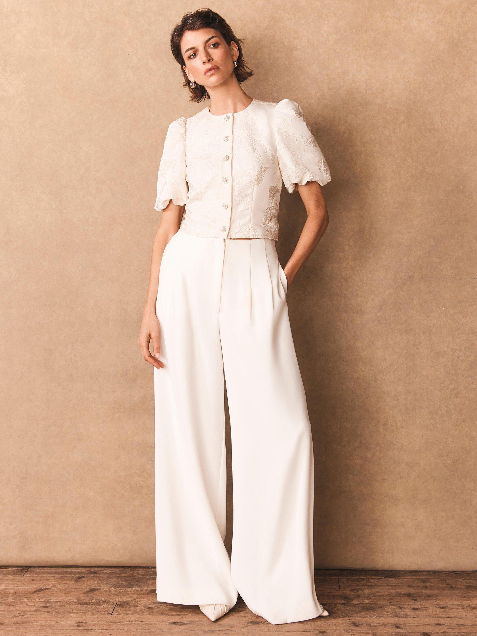 Product image 2 of 7, which shows Mint Velvet Jacquard Puff Sleeve Top, Ivory, 10