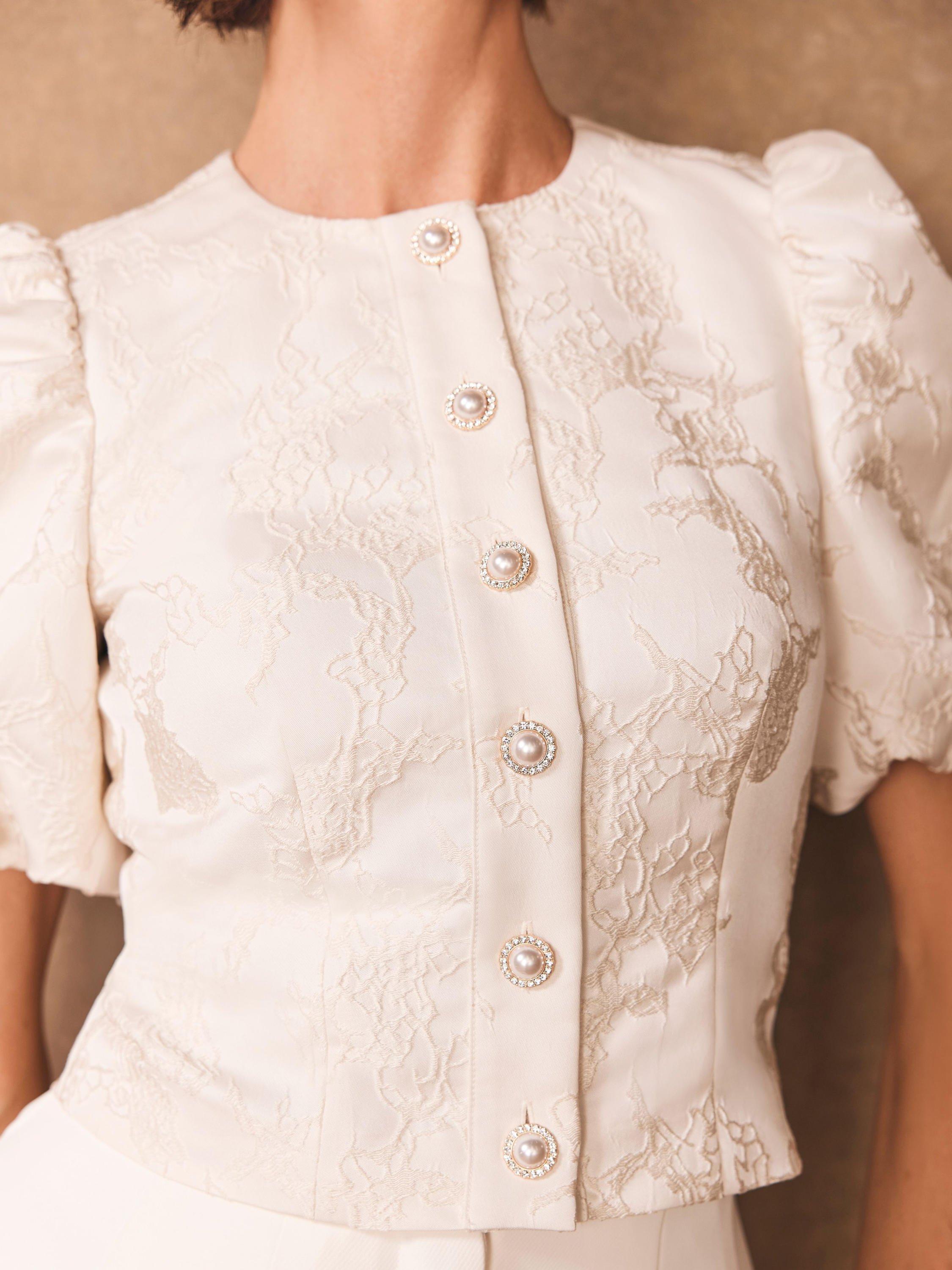 Product image 3 of 7, which shows Mint Velvet Jacquard Puff Sleeve Top, Ivory, 10