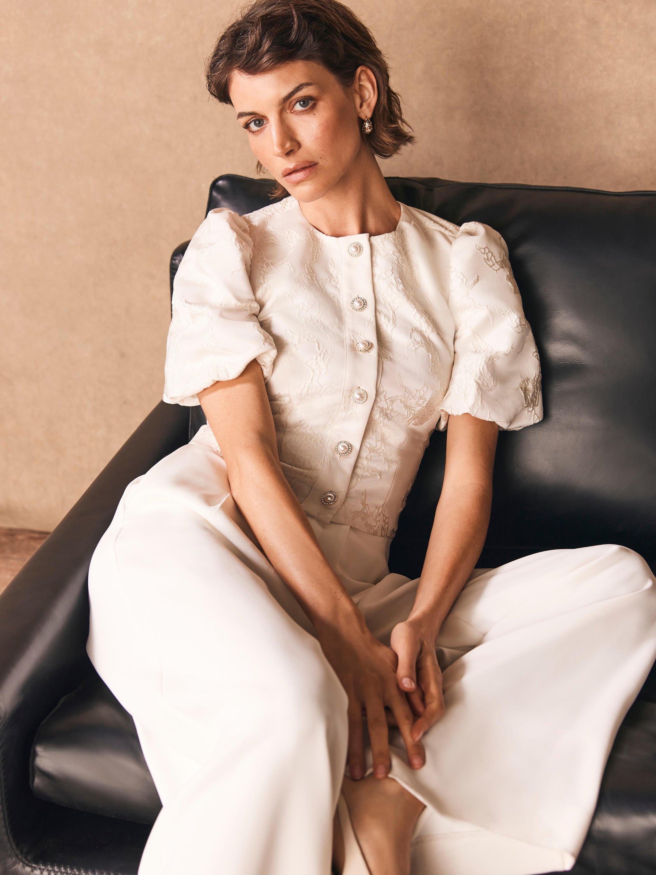 Product image 4 of 7, which shows Mint Velvet Jacquard Puff Sleeve Top, Ivory, 10