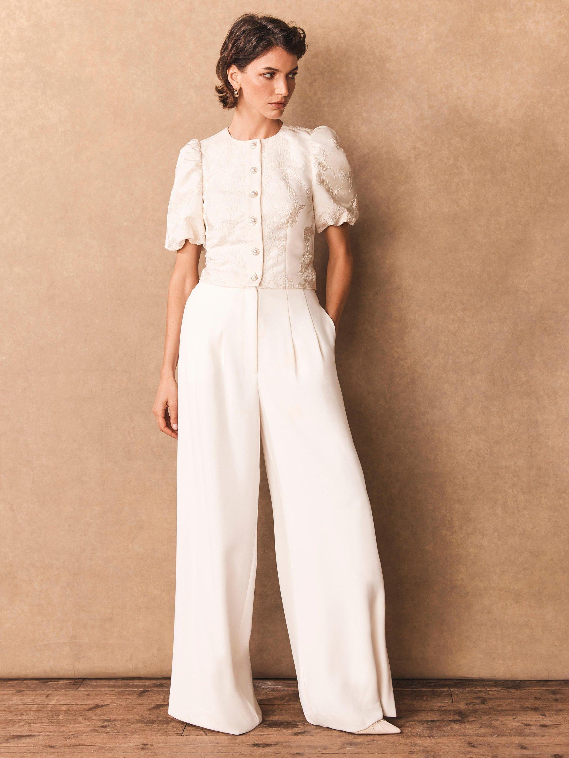 Product image 5 of 7, which shows Mint Velvet Jacquard Puff Sleeve Top, Ivory, 10