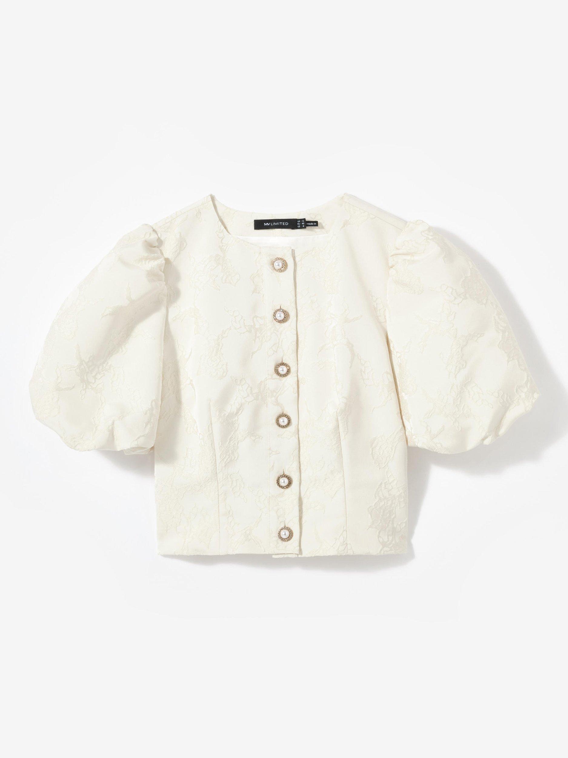 Product image 6 of 7, which shows Mint Velvet Jacquard Puff Sleeve Top, Ivory, 10