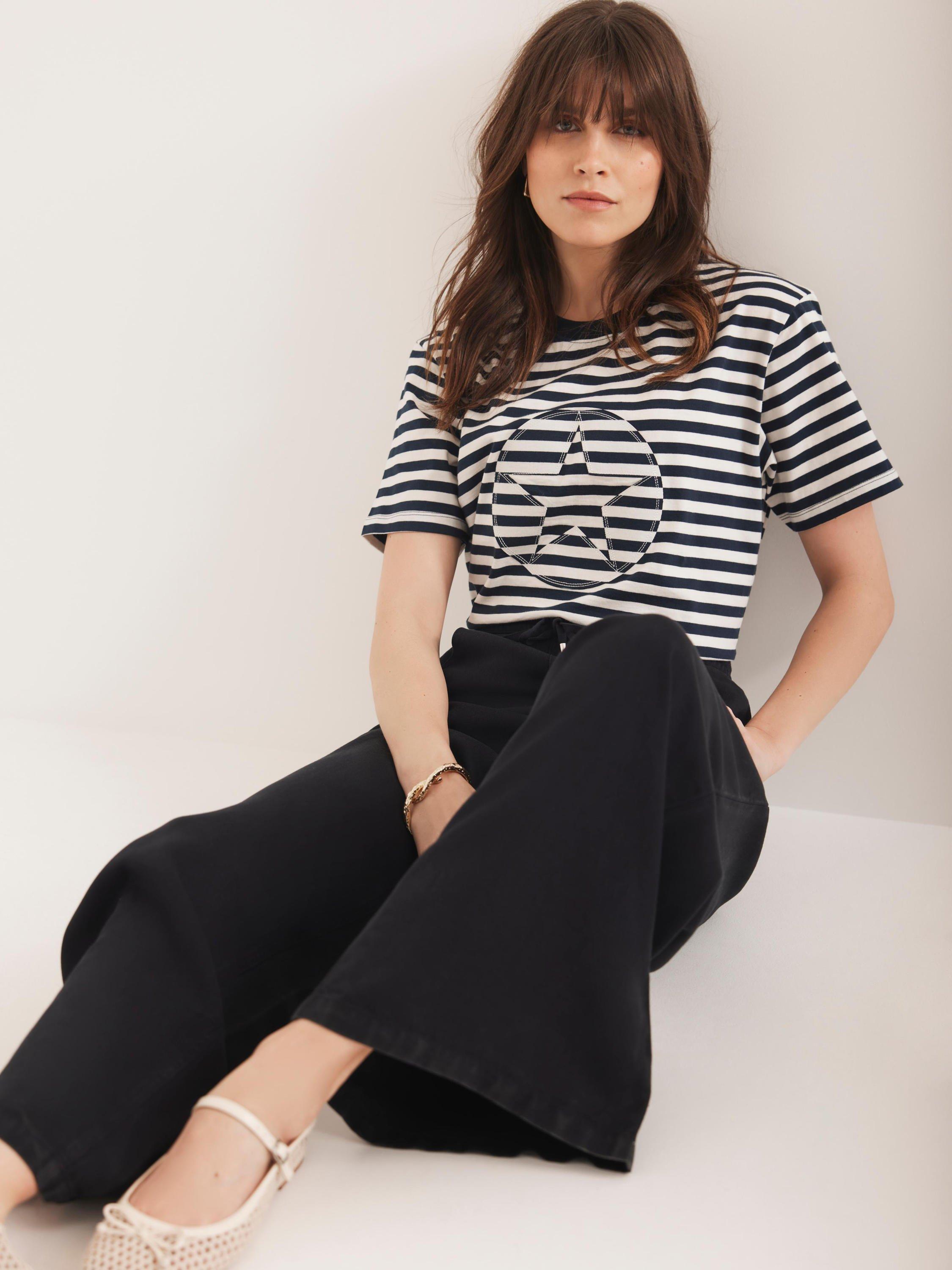 Product image 1 of 8, which shows Mint Velvet Stripe Star T-Shirt, Navy/Multi, XS