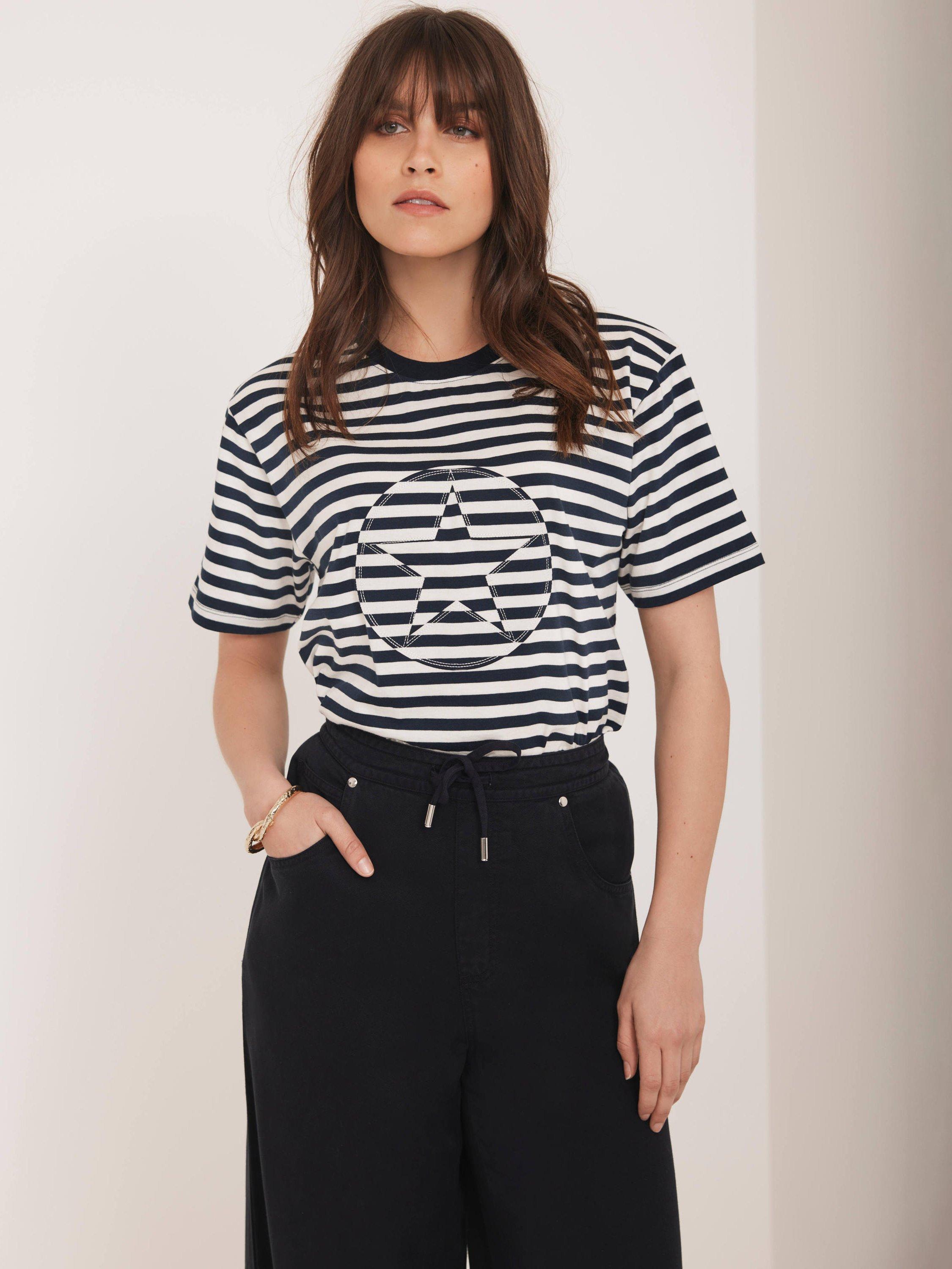 Product image 4 of 8, which shows Mint Velvet Stripe Star T-Shirt, Navy/Multi, XS