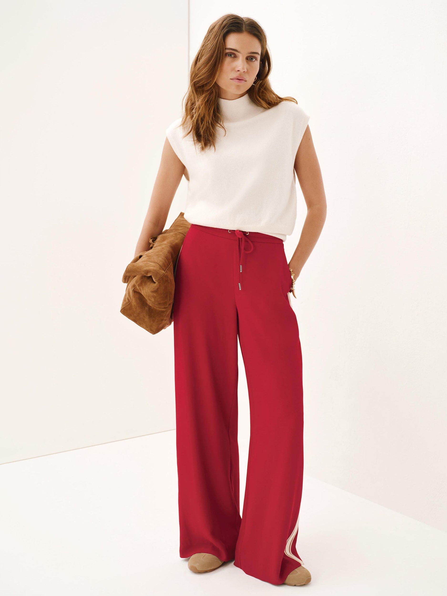 Product image 1 of 8, which shows Mint Velvet Side Stripe Wide Leg Trousers, Red/Multi, M Reg