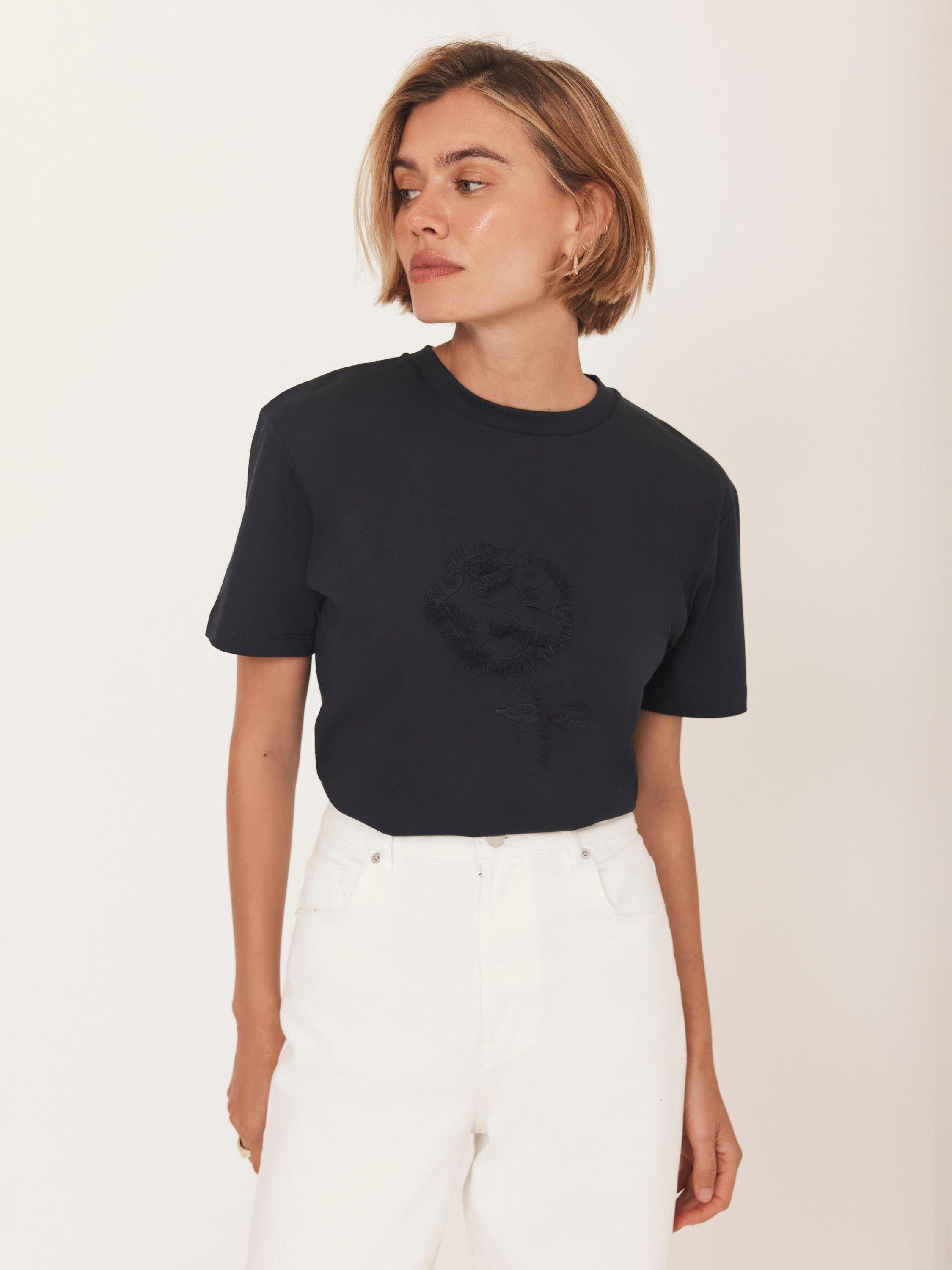 Product image 2 of 8, which shows Mint Velvet Embroidered Rose T-Shirt, Navy, XS