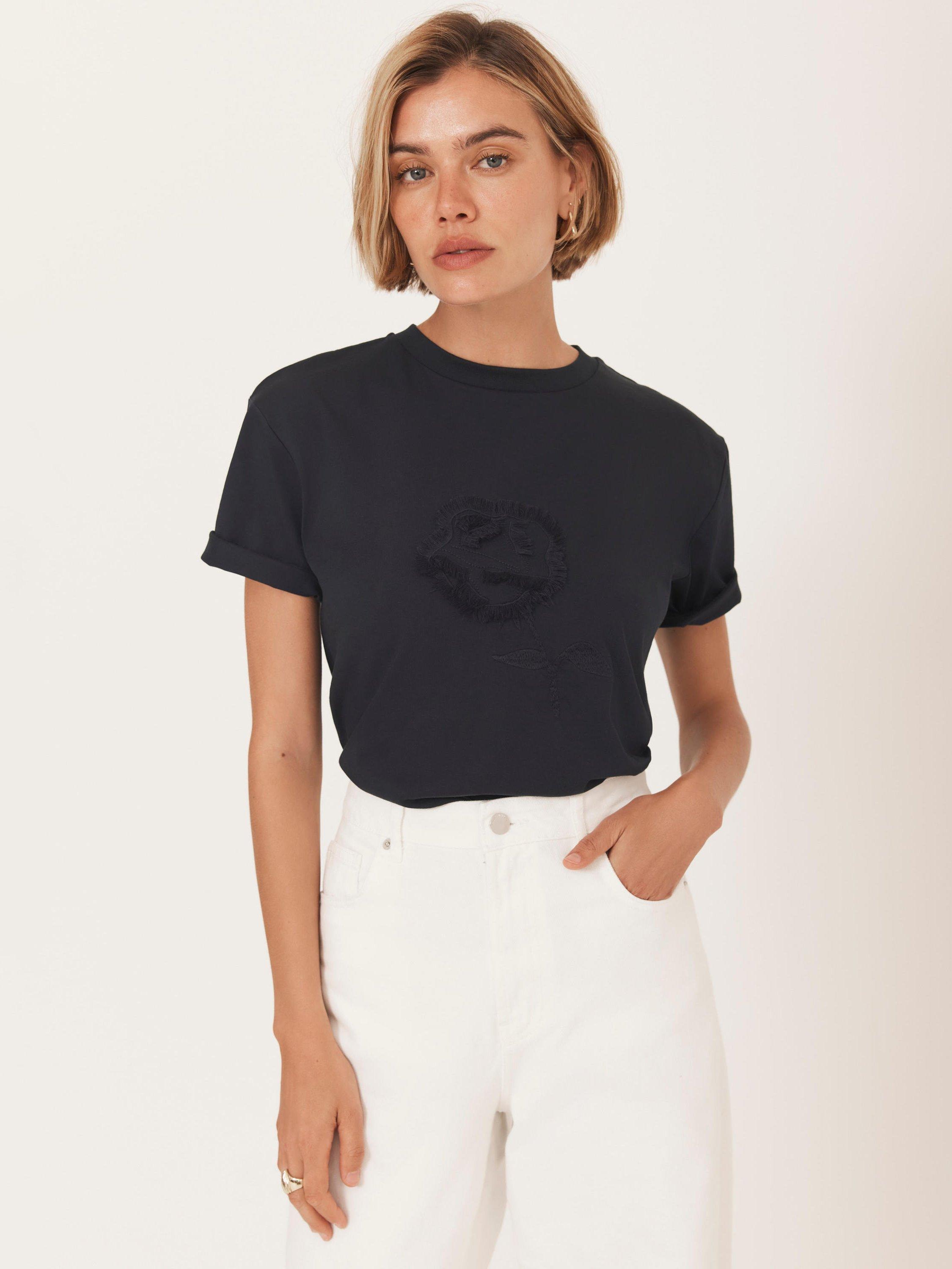 Product image 4 of 8, which shows Mint Velvet Embroidered Rose T-Shirt, Navy, XS