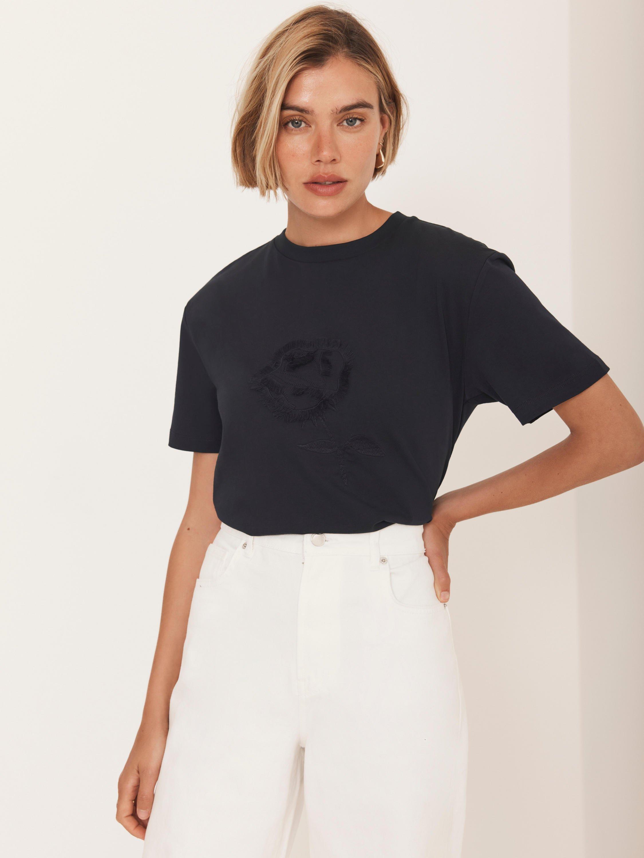 Product image 5 of 8, which shows Mint Velvet Embroidered Rose T-Shirt, Navy, XS