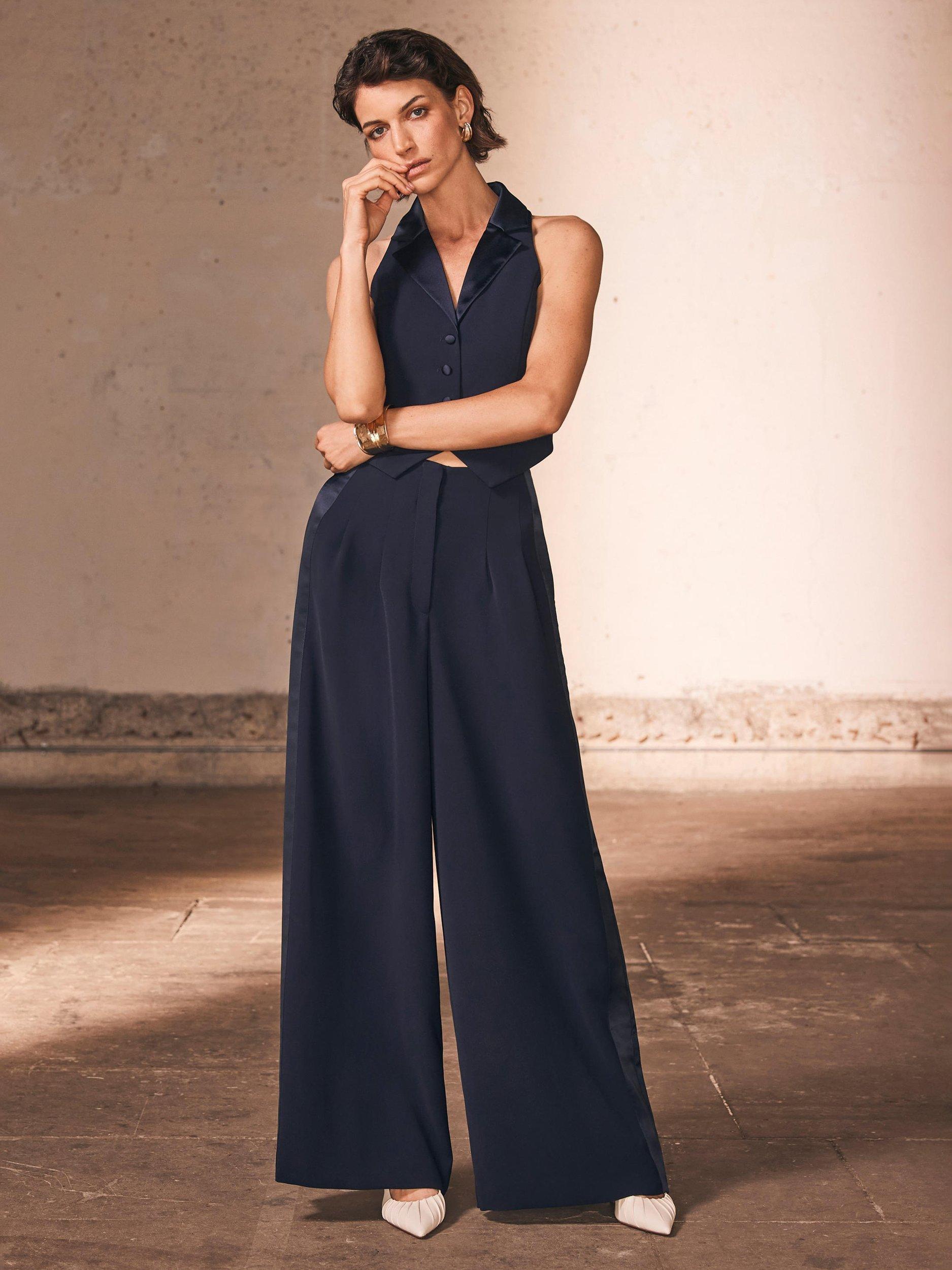 Product image 1 of 8, which shows Mint Velvet Wide Leg Tuxedo Trousers, Navy, 6R