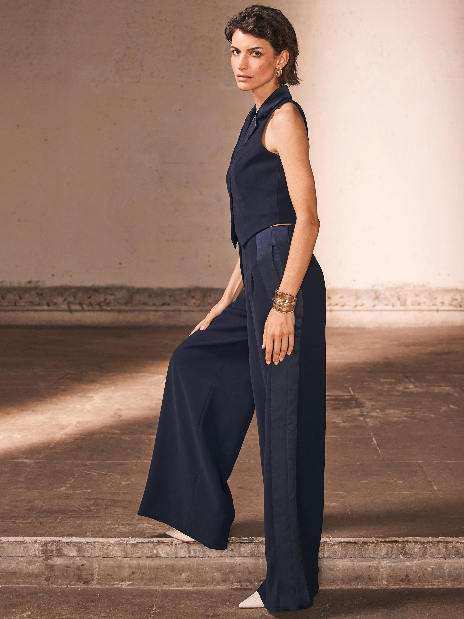 Product image 4 of 8, which shows Mint Velvet Wide Leg Tuxedo Trousers, Navy, 6R