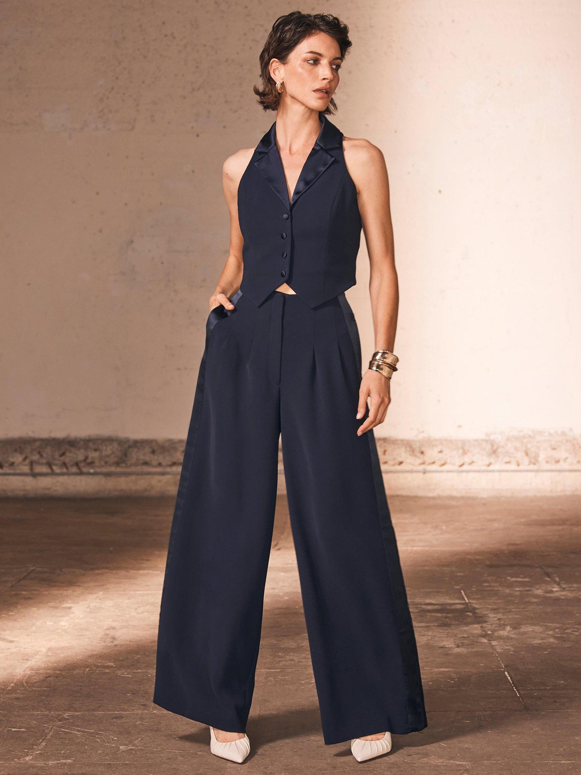 Product image 5 of 8, which shows Mint Velvet Wide Leg Tuxedo Trousers, Navy, 6R