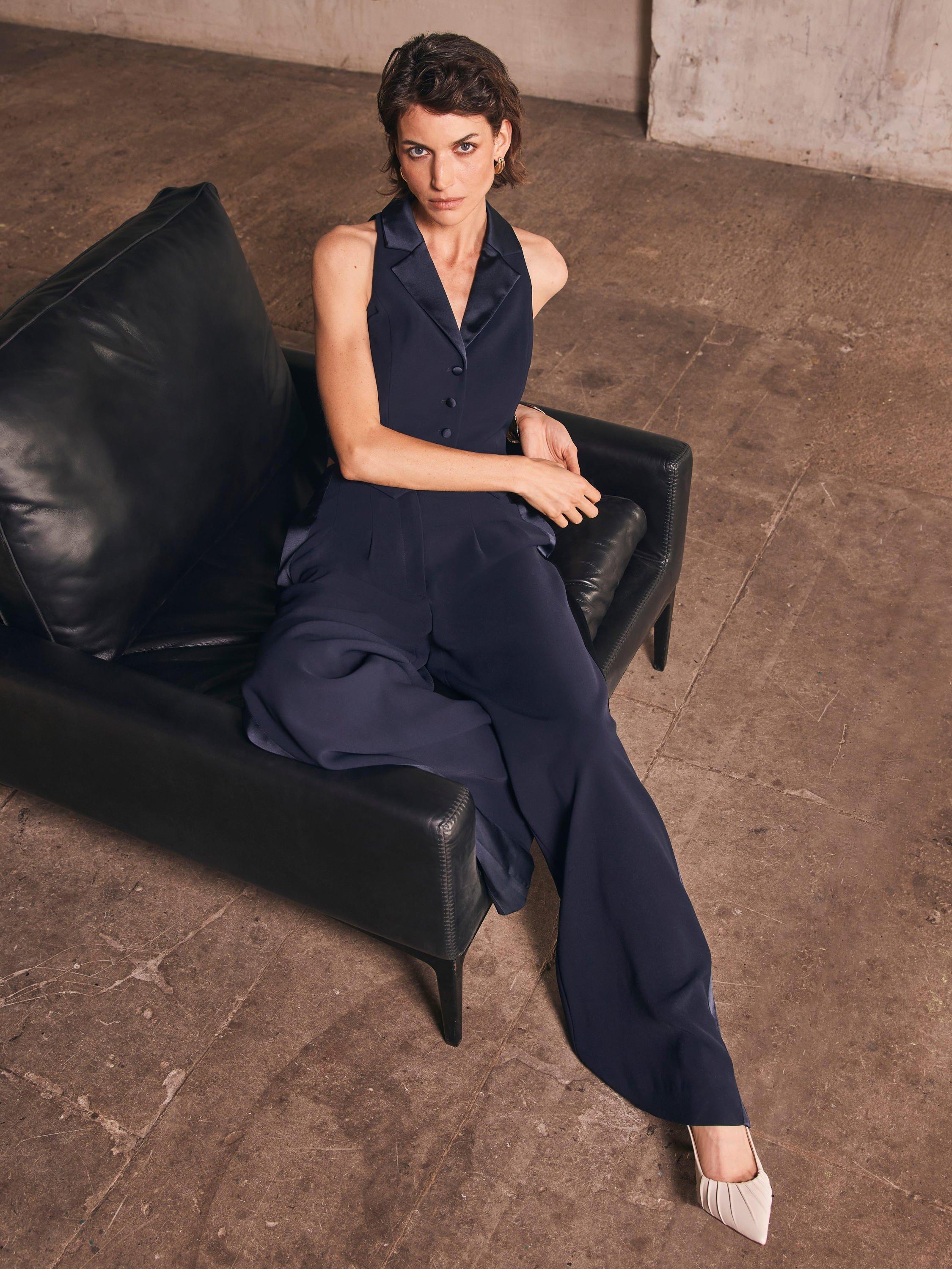 Product image 6 of 8, which shows Mint Velvet Wide Leg Tuxedo Trousers, Navy, 6R