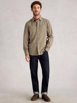 White Stuff Finsbury Cotton Geometric Long Sleeve Collar Shirt, Green
