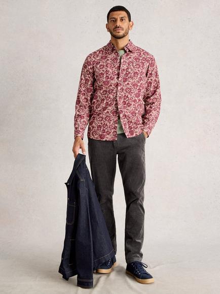 White Stuff Finsbury Cotton Graphic Print Long Sleeve Collar Shirt, Plum/Multi