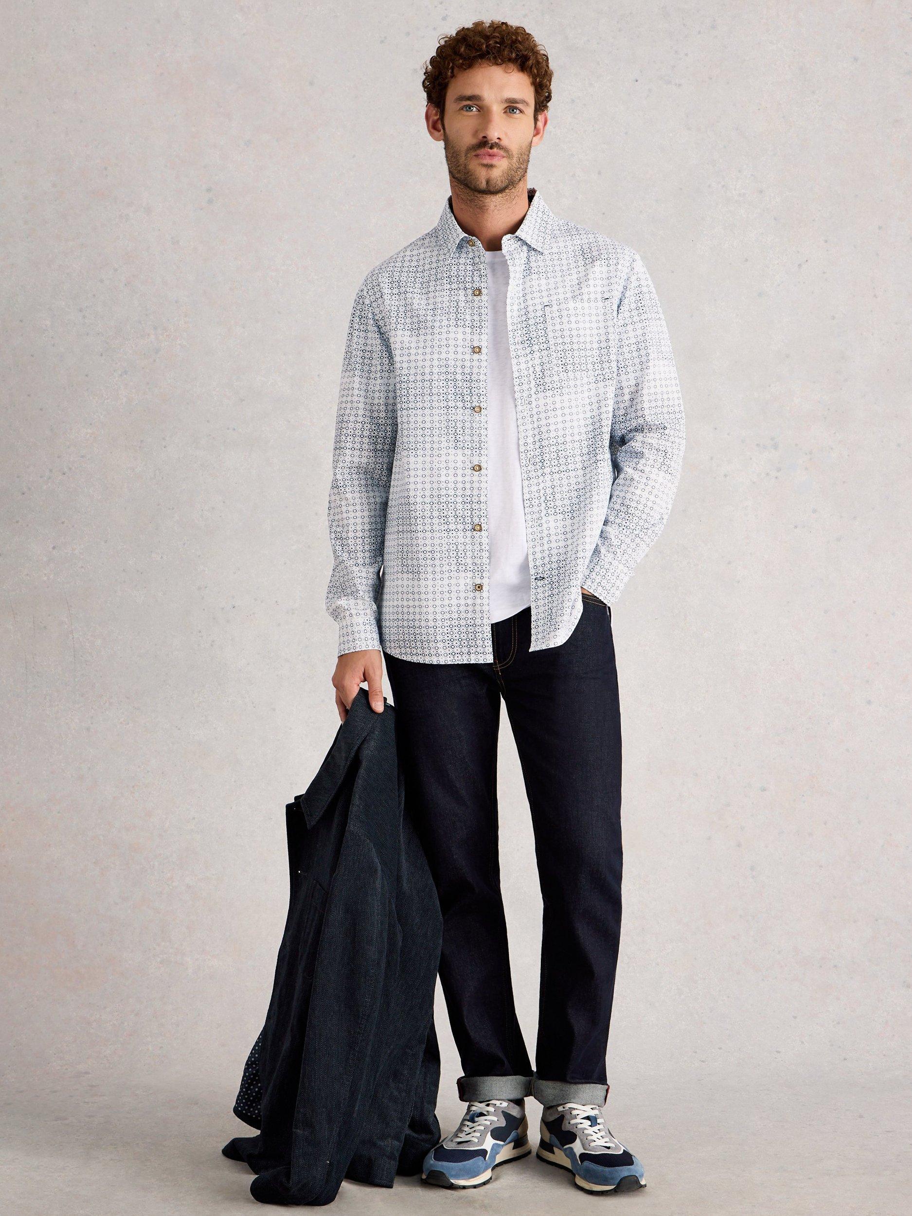 Product image 1 of 6, which shows White Stuff Finsbury Cotton Regular Fit Patterned Shirt, Blue, S Reg