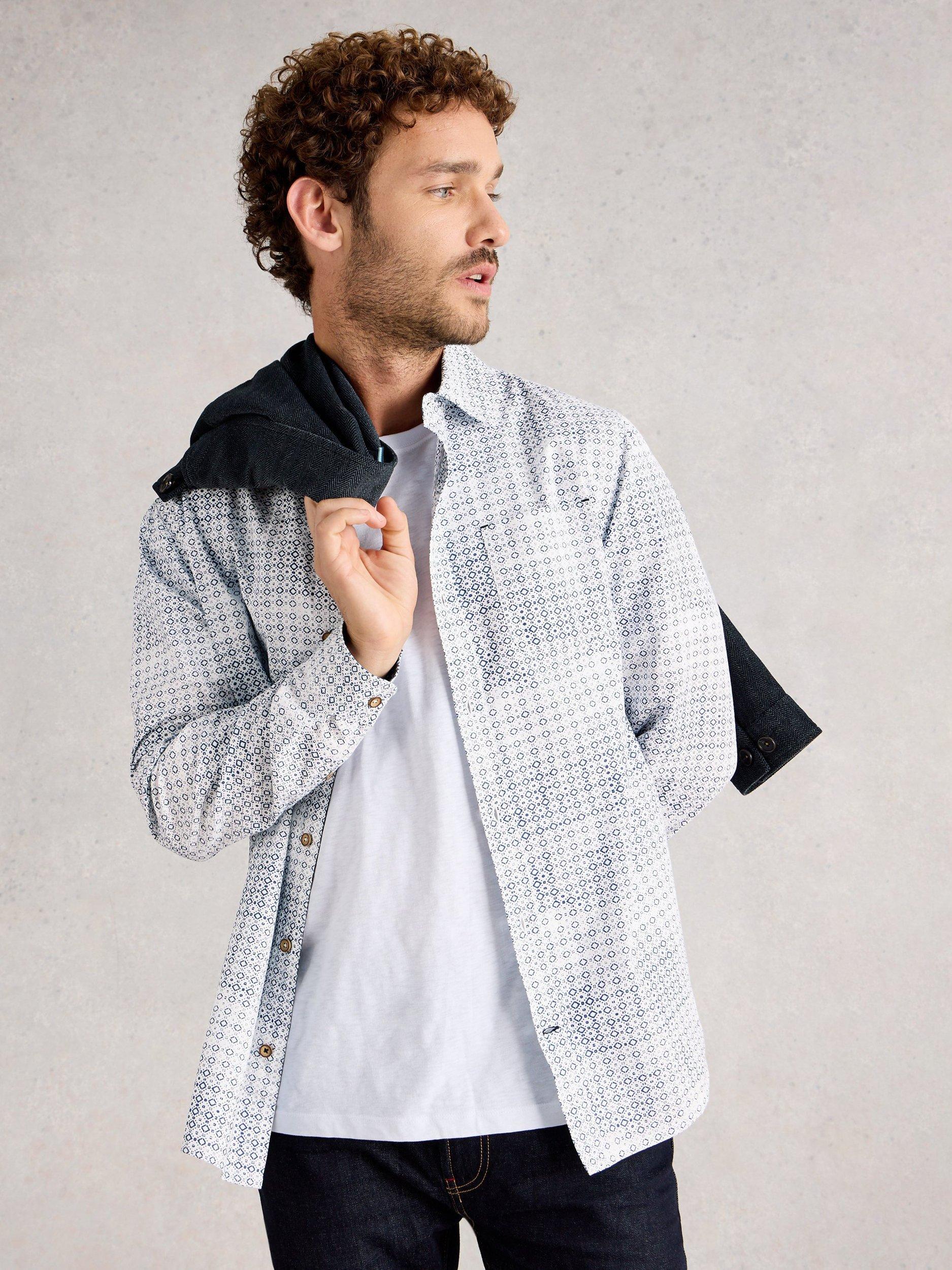 Product image 4 of 6, which shows White Stuff Finsbury Cotton Regular Fit Patterned Shirt, Blue, S Reg