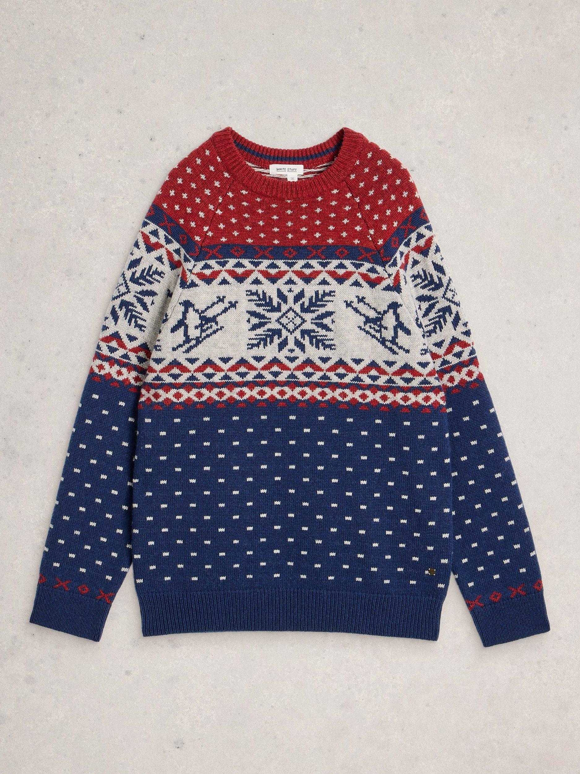 Product image 5 of 6, which shows White Stuff Penguin Wool Blend Fair Isle Crew Neck Jumper, Red/Multi, S