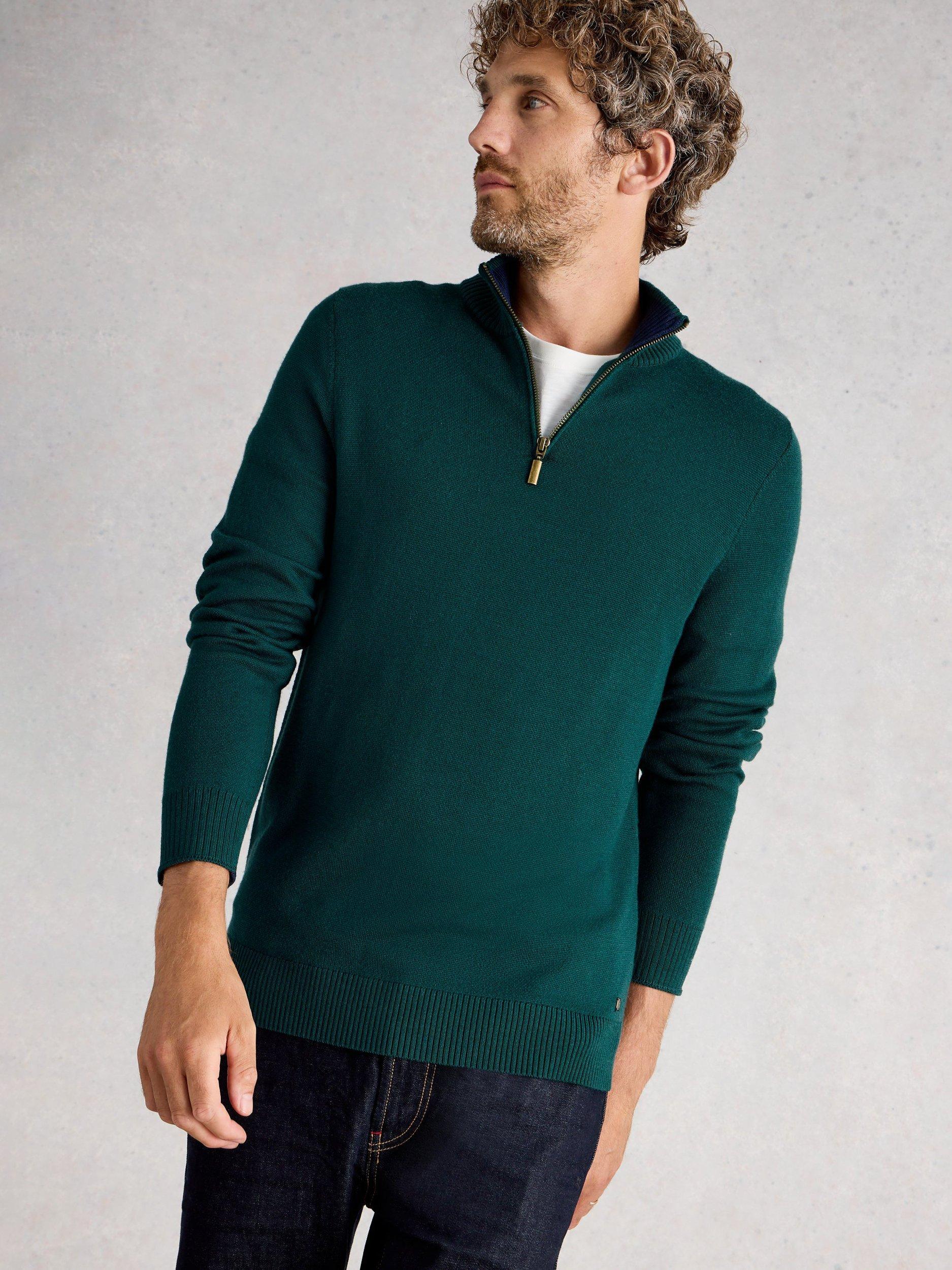Product image 3 of 6, which shows White Stuff Newport Half Zip Merino Wool Jumper, Green, M Reg