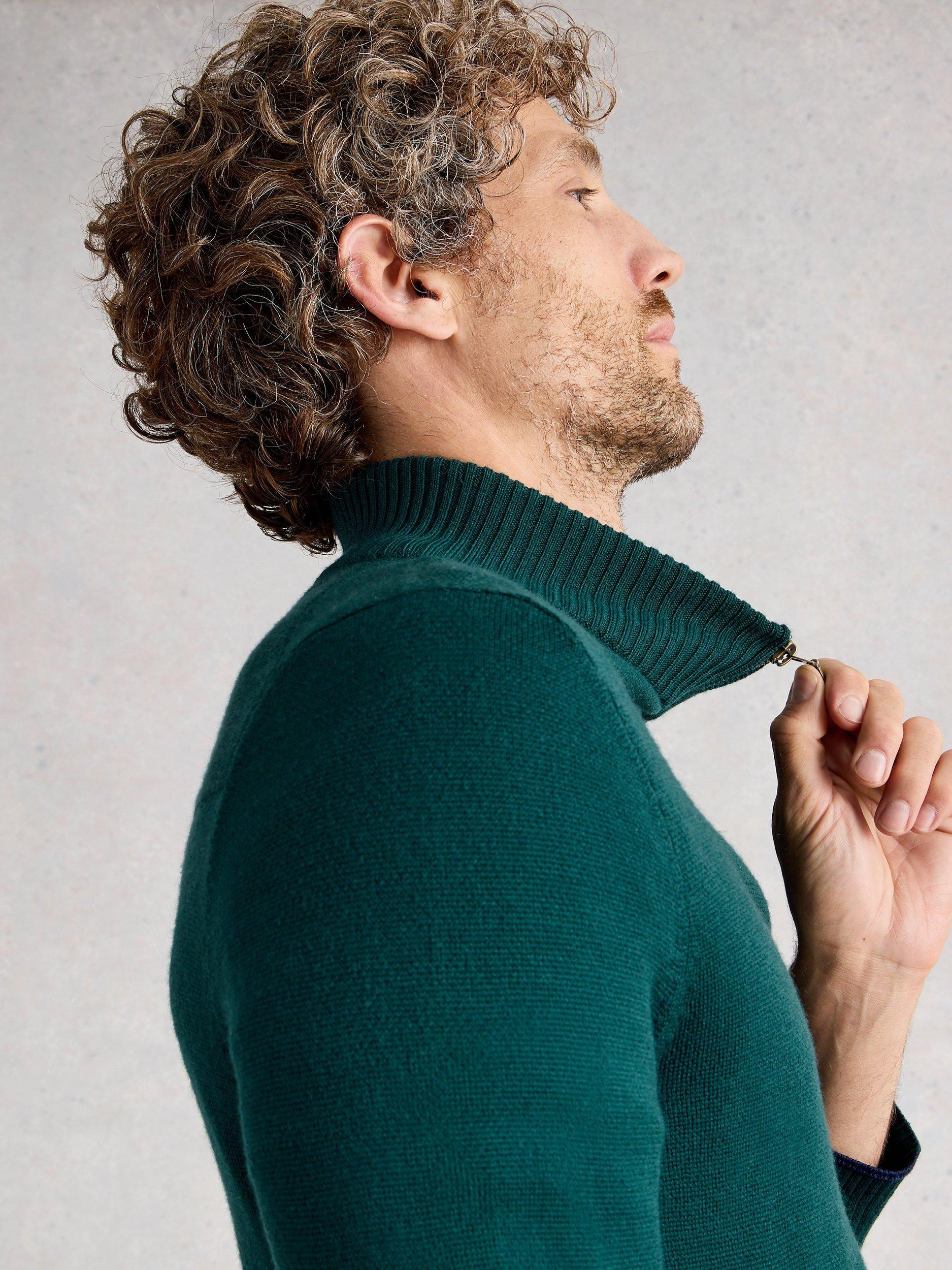 Product image 4 of 6, which shows White Stuff Newport Half Zip Merino Wool Jumper, Green, M Reg