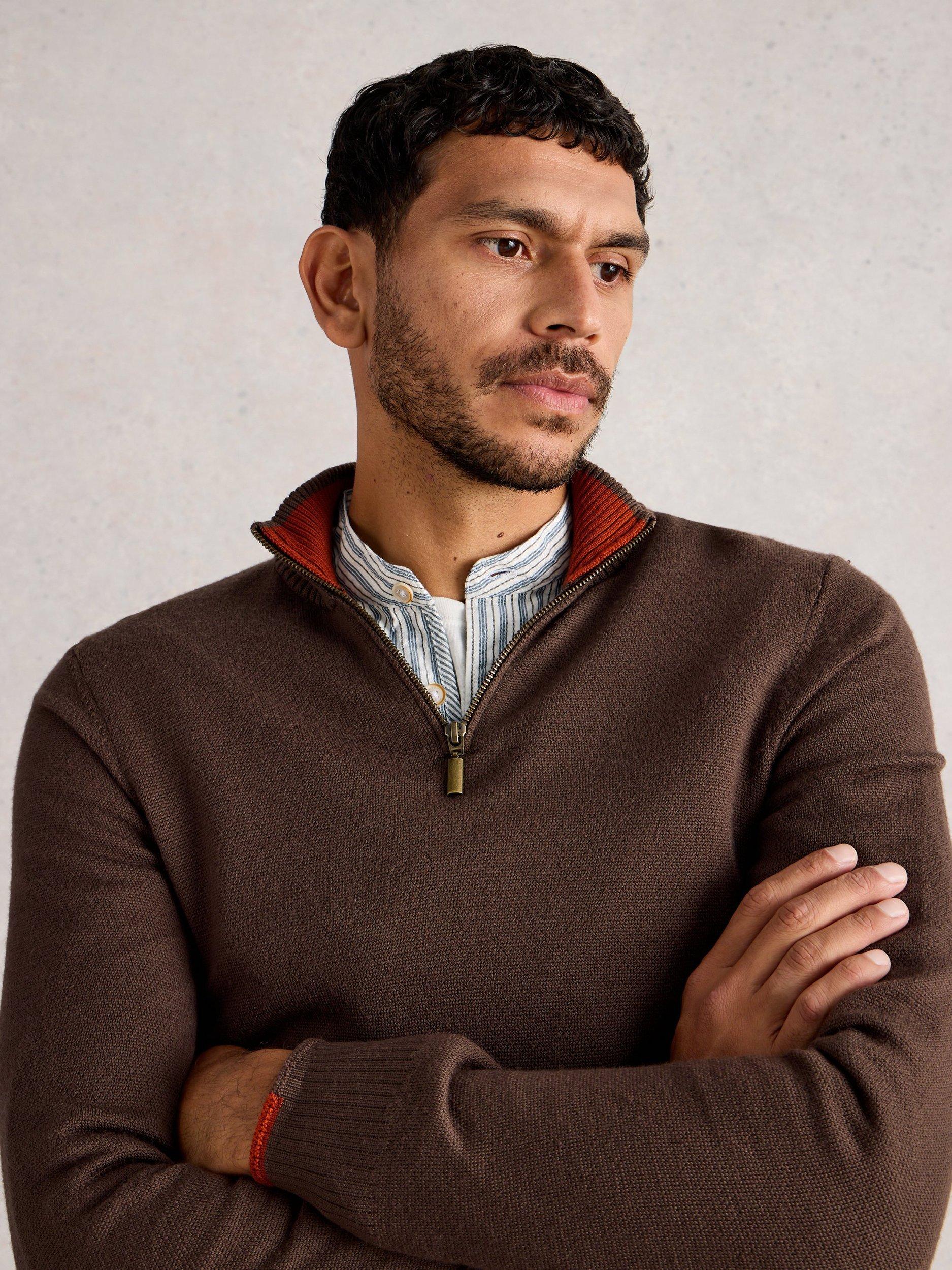 Product image 4 of 6, which shows White Stuff Newport Half Zip Merino Wool Jumper, Mid Brown, S Reg