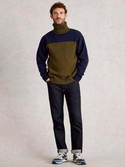 White Stuff Ryde Wool Blend Colour Block Roll Neck Jumper, Khaki Green