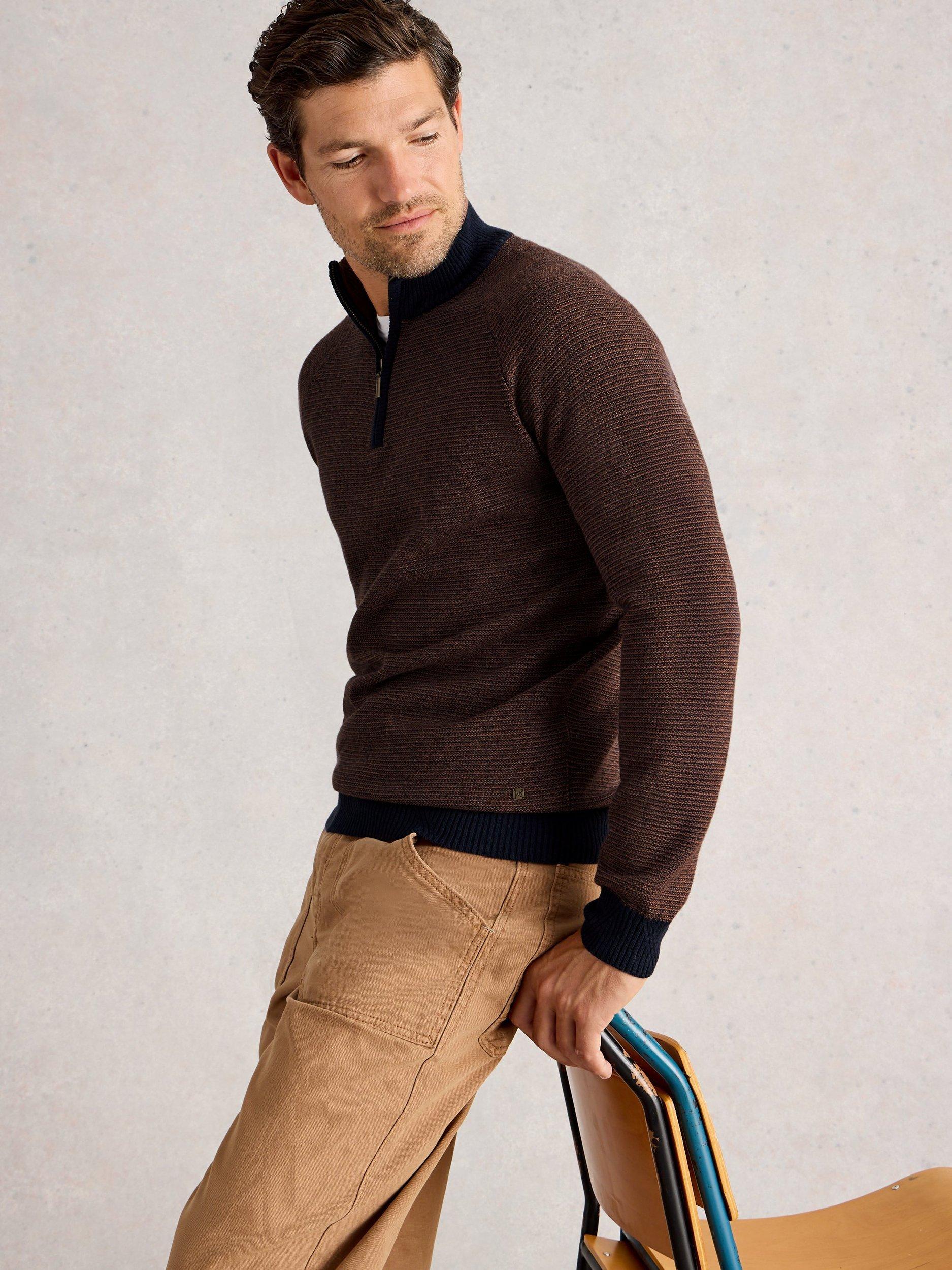 Product image 3 of 6, which shows White Stuff Newport Half Zip Merino Wool Cotton Blend Jumper, Brown, S