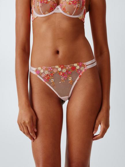 John Lewis Alexis Lemons Embroidered Thong, Pink, Pink