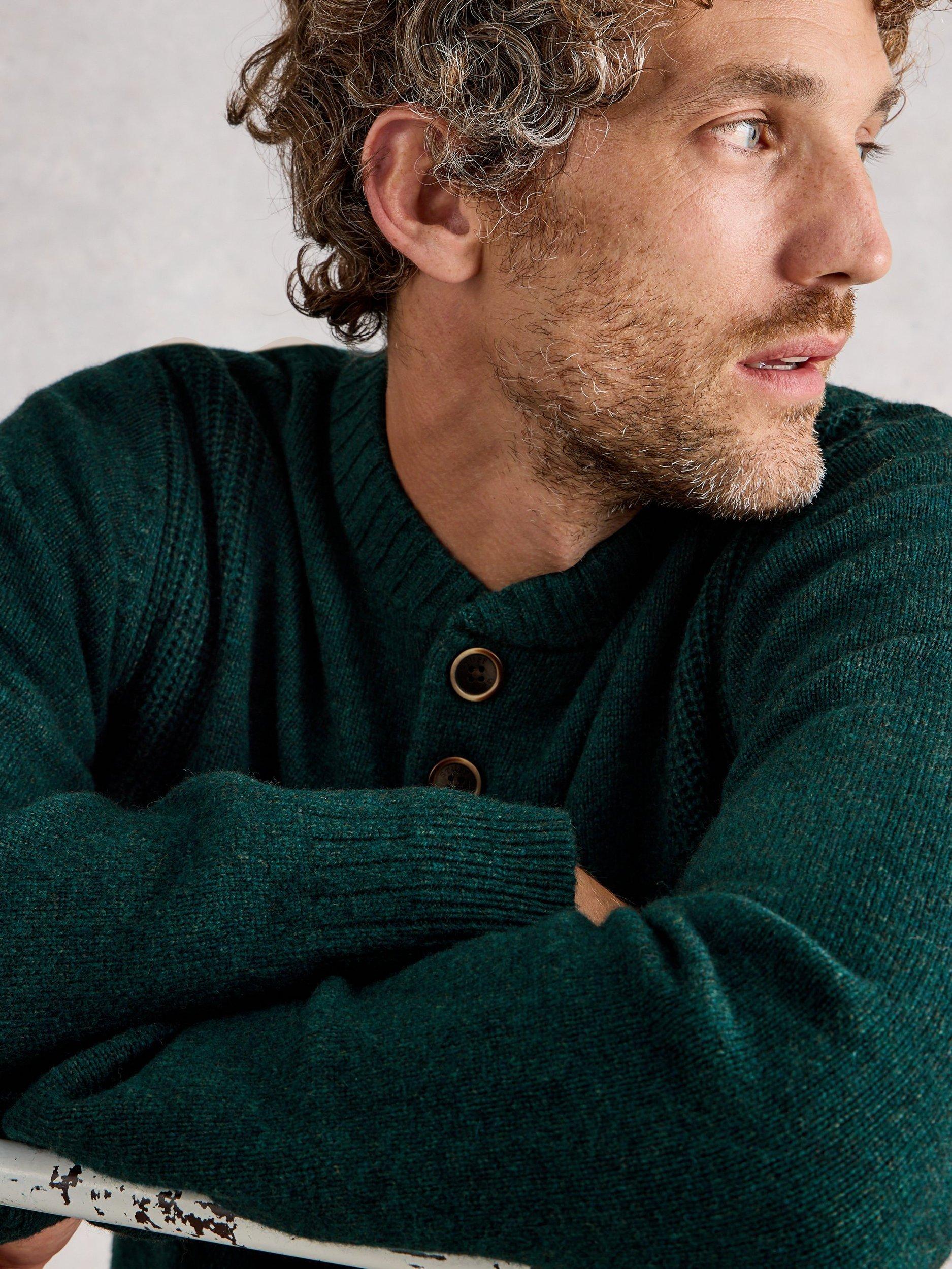 Product image 3 of 6, which shows White Stuff Milton Lambswool Knit Henley Top, Dk Green, S