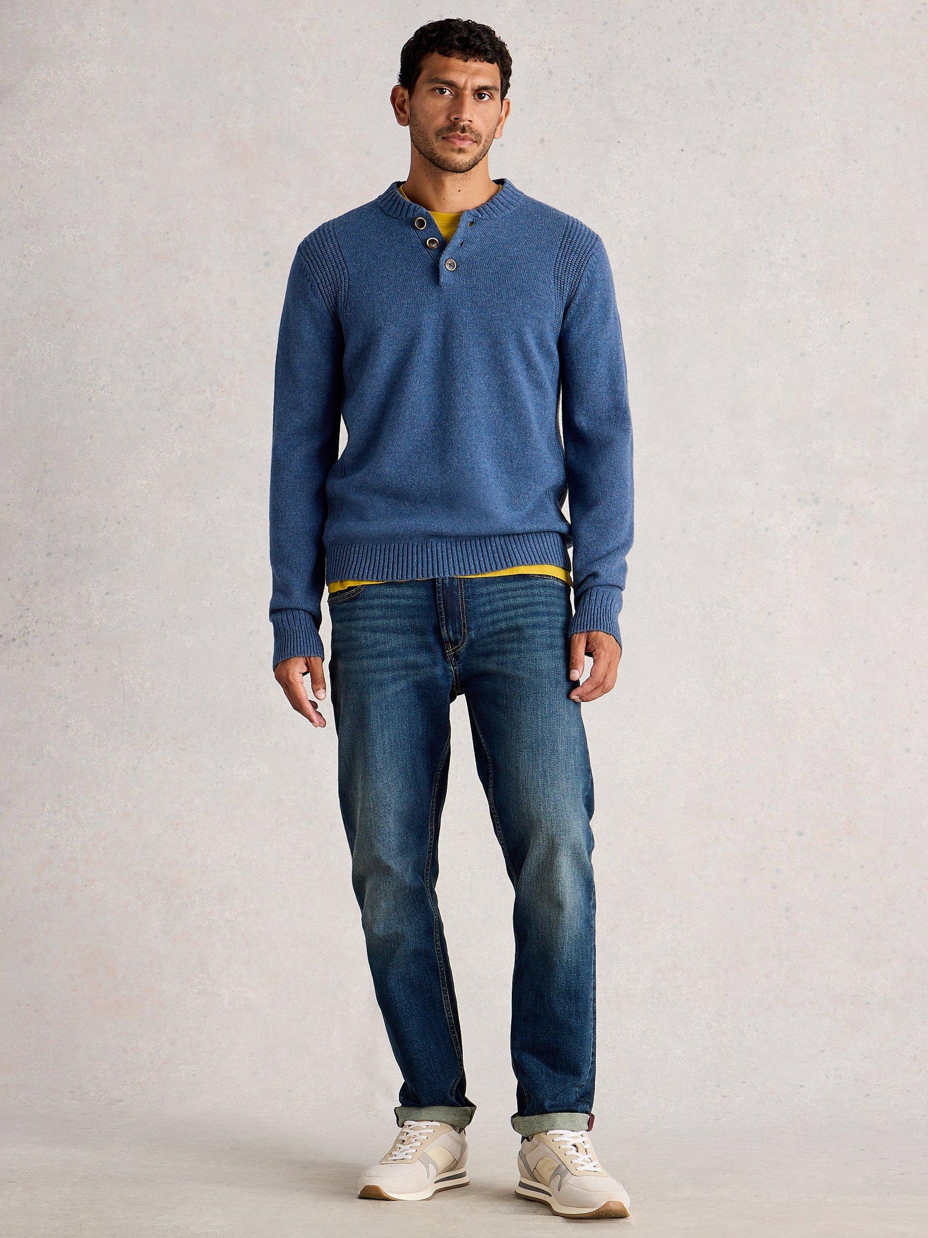 Product image 1 of 6, which shows White Stuff Milton Henley Lambswool Blend Jumper, Mid Blue, L
