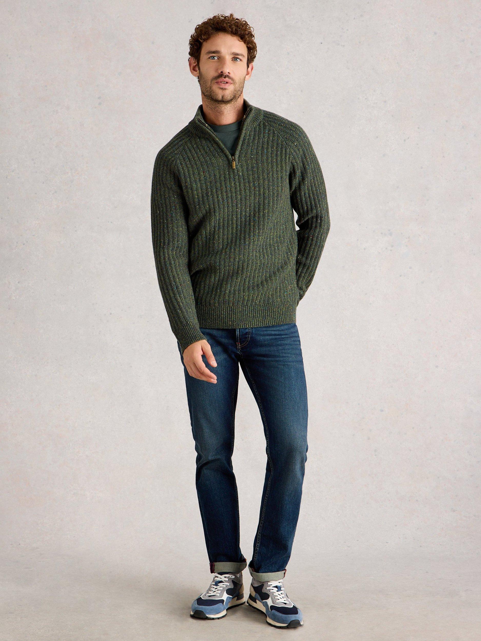 Product image 1 of 6, which shows White Stuff Cotton Blend Chunky Zip Neck Jumper, Dark Green, S