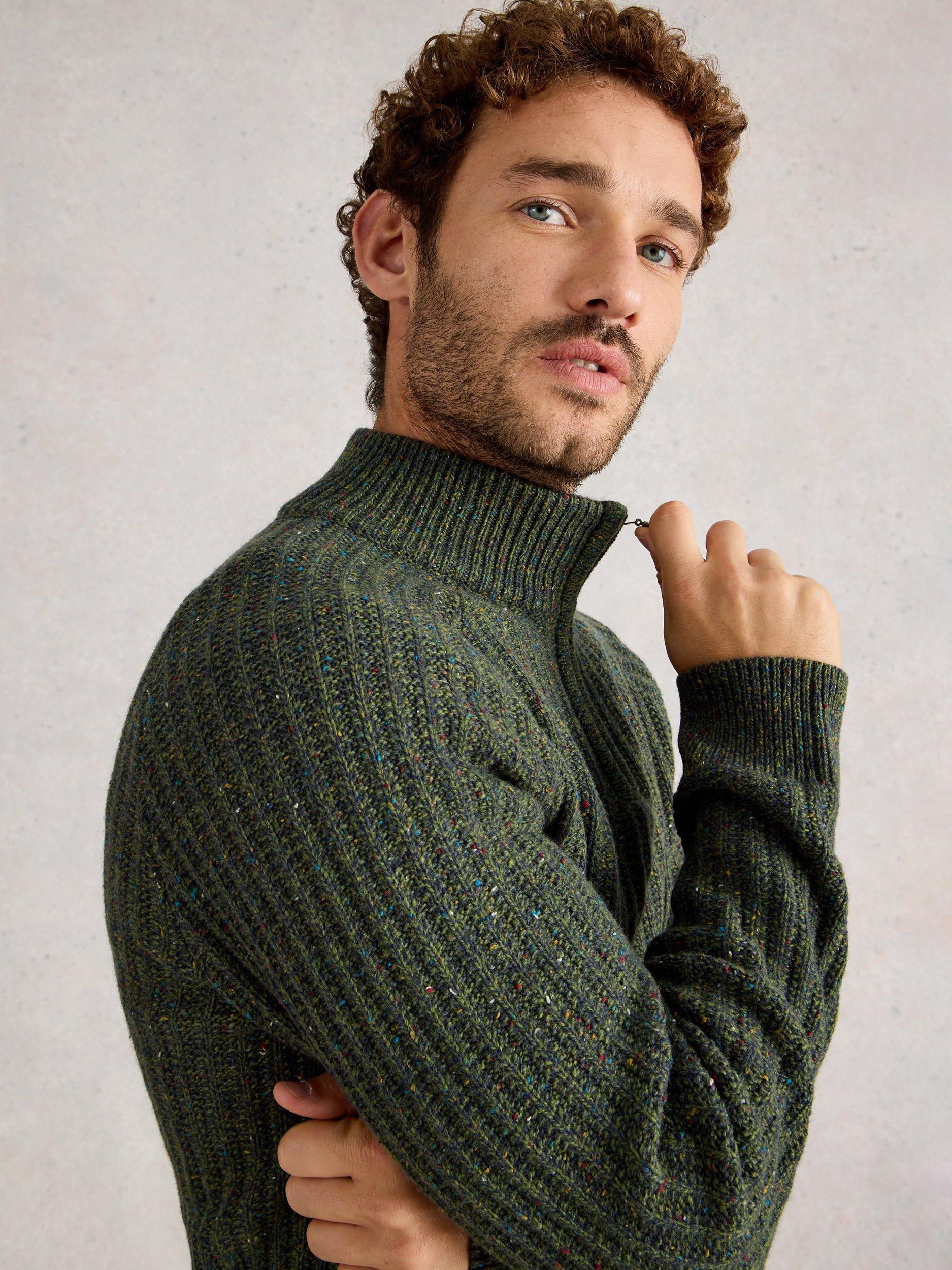 Product image 3 of 6, which shows White Stuff Cotton Blend Chunky Zip Neck Jumper, Dark Green, S